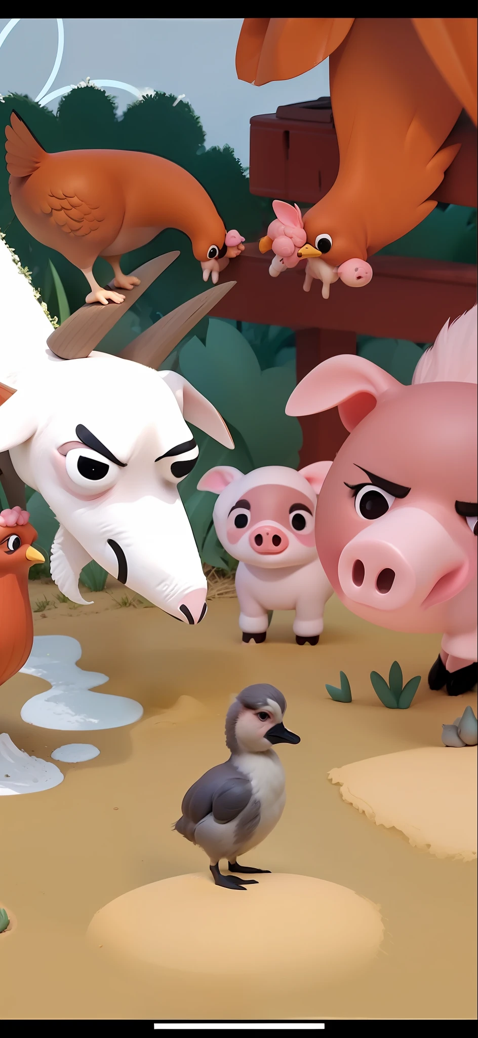 Sheep and piglets surround the ugly duckling, and the ugly duckling has low self-esteem with his head down