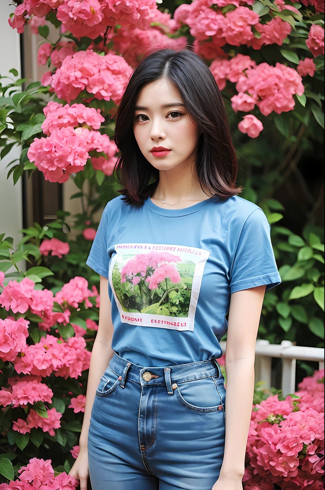 (very detailed body, highly detailed face, best quality: 1.2), women, looking at the viewer (T-shirts, jeans), (confusing pink bougainvillea in the background: 1.4),