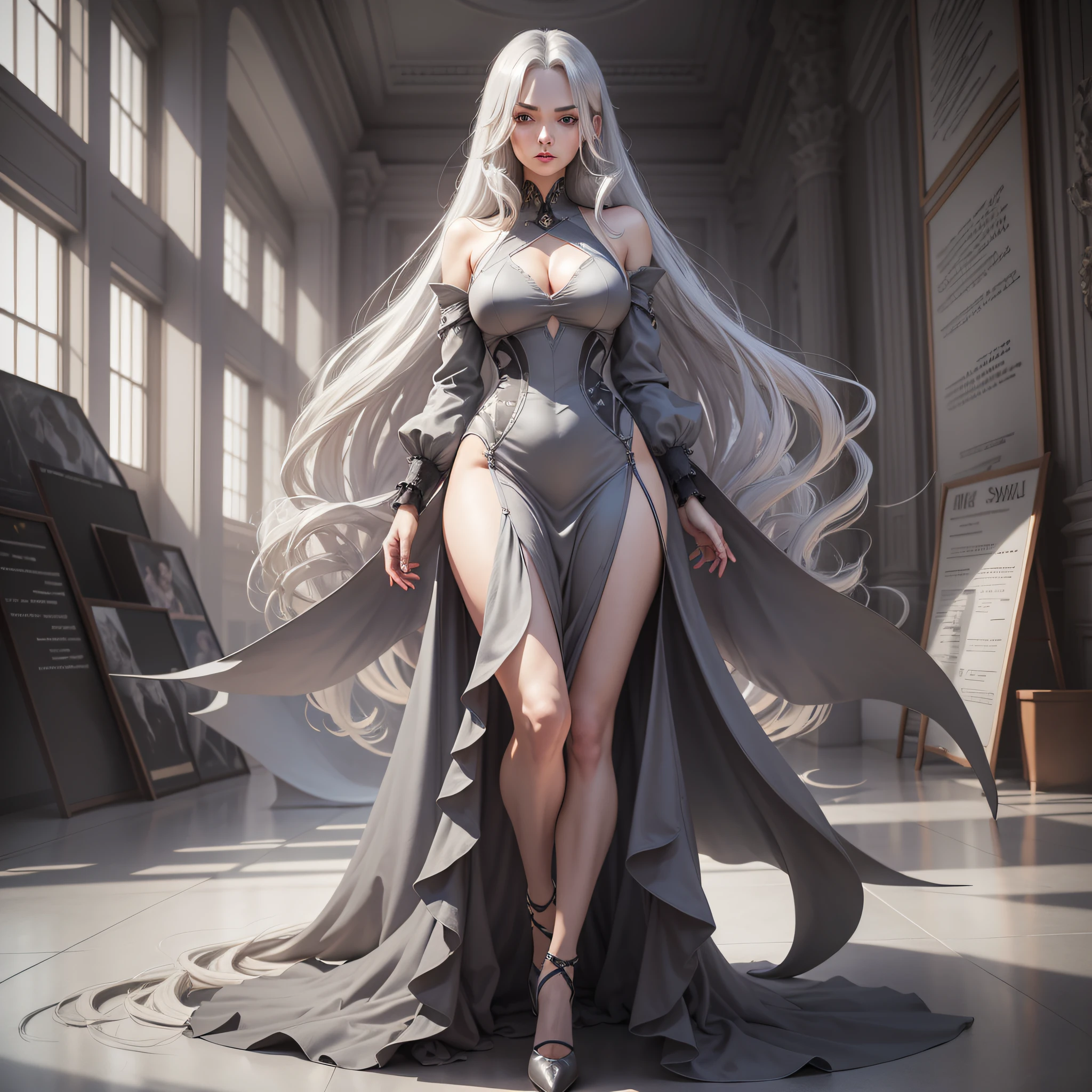 (Trend artstation, pixiv, anime style), an adult woman (28 years old), long hair with bangs, white hair with purple details (hair color: white with purple details) detailed body ((huge breasts, giant breasts, (large thighs, wide hips, thin waist)), wearing bands all over the body (color of the bands: white with red details) glued to the body, red eyes (red eyes, red iris), excited, crazy, sensual, sexy, sensual pose, concept art, anime style, reflection light, backlighting, cinematic lighting, high detail, surrealism, realism, hyperrealism, masterpiece, anatomically correct, super detail, high detail, high quality, award-winning, best quality, anime, ray tracing, pov, UHD, 8k,(hyperrealistic), (illustration), (high resolution), (8K), (extremely detailed), (best illustration), (beautiful detailed eyes), (best quality), (super detailed), (masterpiece), (wallpaper), (detailed face), solo, (dynamic pose), 1 girl, white wavy hair on the bed, Korean, heterochromic eyes, small moles under the eyes, ((apron)), large breasts, long legs, tightens abdomen, (black socks), (no panties), (no bra), (full body), 1girl, dark-skinned woman, female focus, dark skin, jackal ears, solo, long hair, sand, hair over one eye, (gray background: 1.4), (kbxll: 0.6) --auto