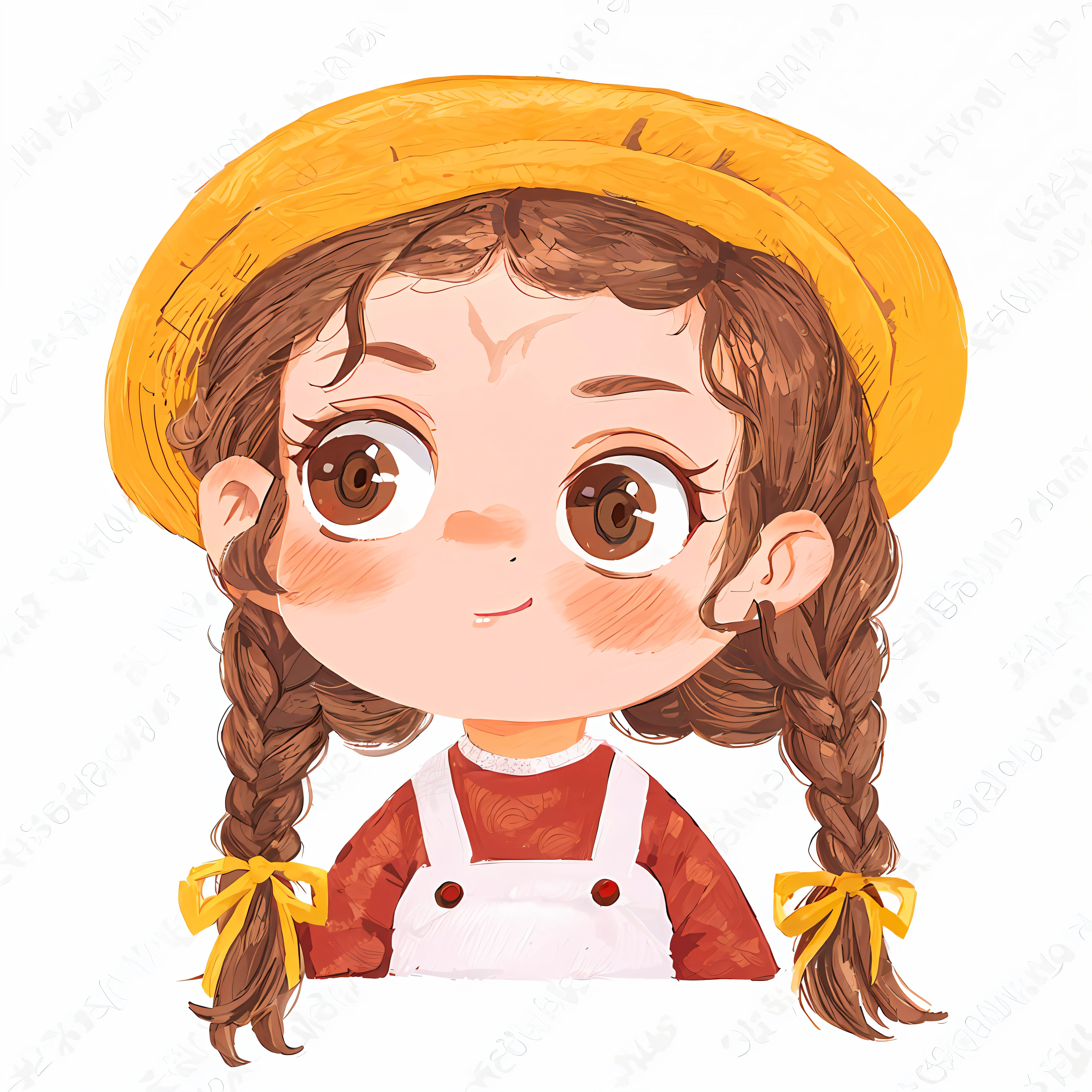 cartoon girl with braid hair wearing a yellow hat and red dress, female explorer mini cute girl, cute cartoon character, cute character, cute art style, high quality character design, cute digital art, portrait of a cute girl, girl cute-fine-face, character with a hat, hand painted cartoon art style, cute young girl, realistic cute girl painting