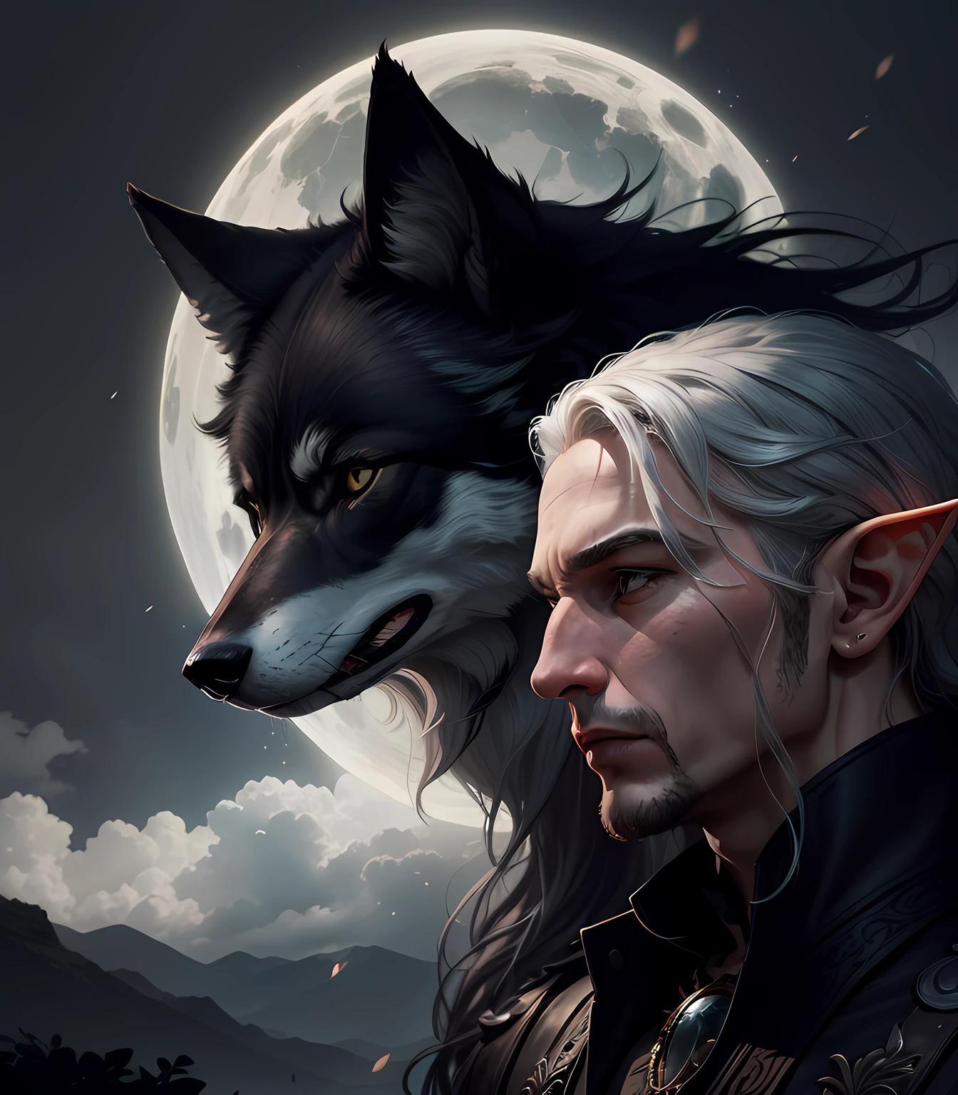 Elf man with long white hair and black wolf hyper-realistic style --auto
