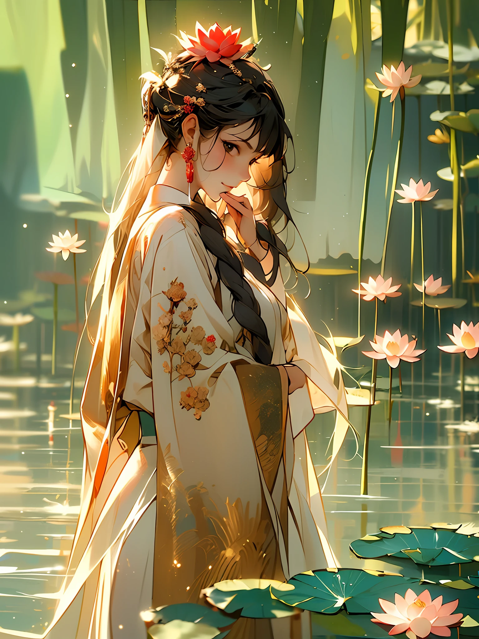 zanhua, Best quality, masterpiece, 1 girl, holding flower, red flower on head, wearing hanfu, in red and white, looking at viewer, bird, flower, black hair, ((lotus)), solo, hair ornament, water, reflection, daylight, cinematic light,