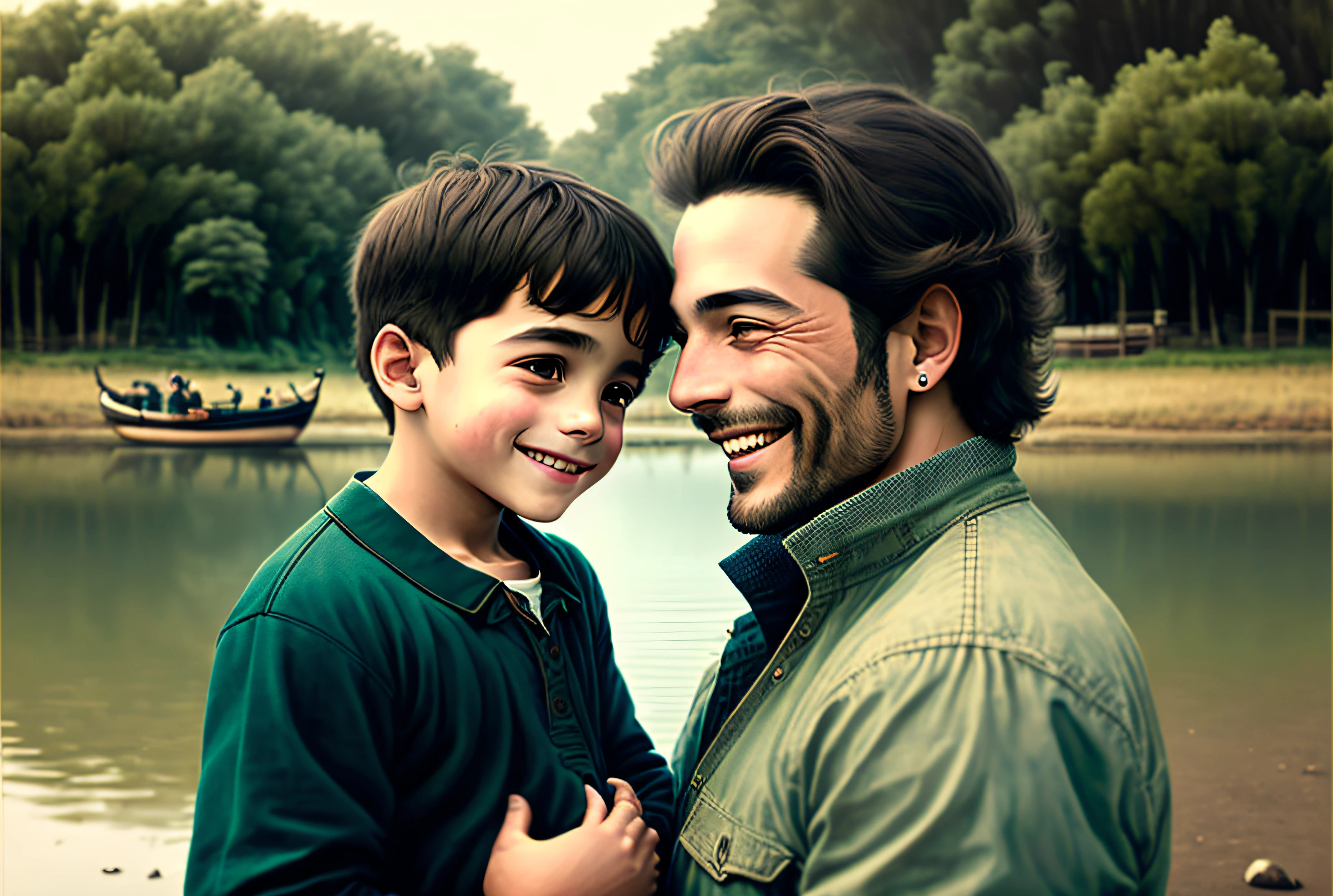 image of a man with his son , on a riverside, with cool clothes, smiling, looking at each other,