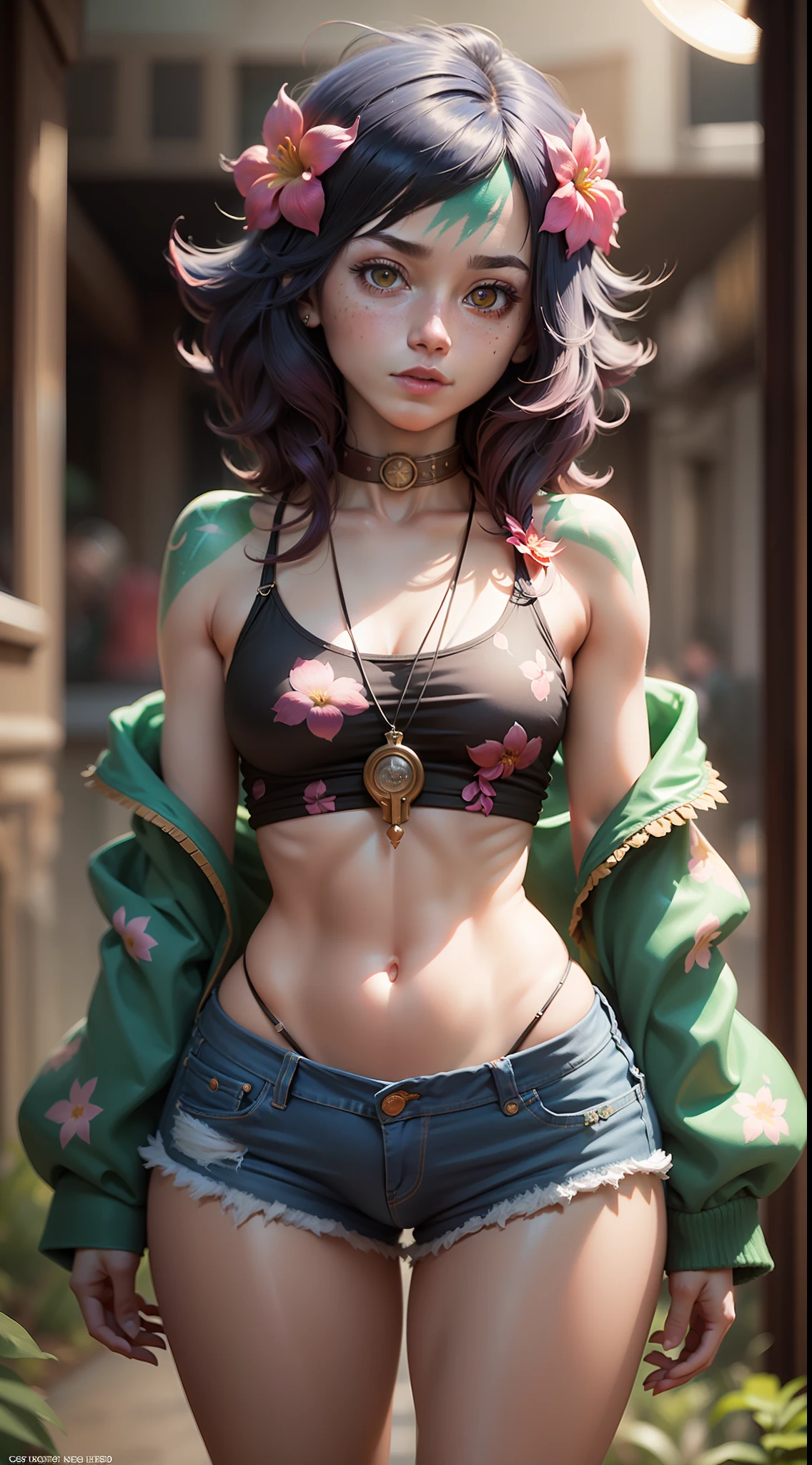 ((medium chest, thick hips, thick thighs, small head)), daylight, sunshine, (chiselled abdomen: 1.1), (perfect body: 1.1), (short wavy hair: 1.2) neeko, facial marks, hair ornaments, hair flower, bend, 1 lizard tail on the ass. [lora:neeko-nvwls-v2-000014:0.9]", collar, chain, full body photo, busy street, wearing black tank top, denim jacket, ((shorts)), (extremely detailed CG 8k wallpaper), (an extremely delicate and beautiful wallpaper), (masterpiece), (best quality: 1.0), (high resolution: 1.0), beautiful lighting, perfect lighting, realistic shadows, [highres], detailed, ultra-detailed skin