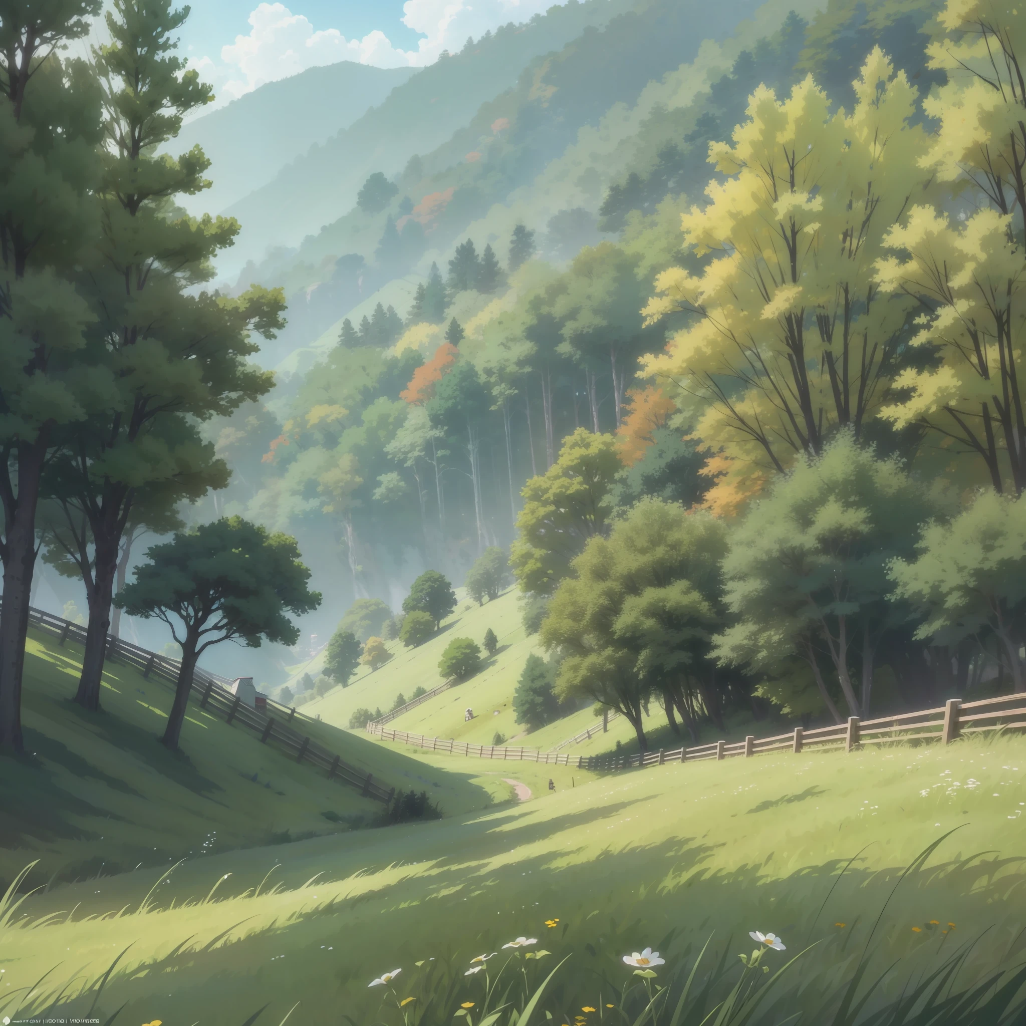 A meadow covered with green grass, hillside (small town 1.5 in the background) (crowd 1.5) anime style 4 K, anime rendering, anime style. 8K, (upper body display 1.5) (cinematic lighting 1.5)