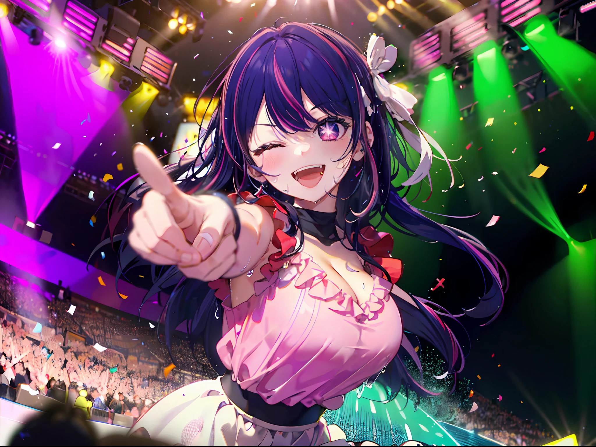 absurdres, highres,
BREAK
looking at viewer, (face focus:1.3), (from front:1.5)
BREAK
(vivid-color:1.3)
BREAK
(one girl:1.3), (:1.2), (Hoshino Ai:1.4), (purple hair, streaked hair:1.5), (purple eyes:1.5), (happy smile:1.7), (pointing:1.5), (singing, one arm up, one eye closed, lifting her feet:1.3), twisting waist, (shiny eyes:1.3), (upturned eyes, happy smile:1.2), star-shaped pupils, hairclip, earrings, jewelry, nm1, (gloves:1.2), (frills, pink shirt:1.2), (pointing:1.3), dress pull, Roaring Twenties, sleeveless, shirt, idol, symbol-shaped pupils, (White fluid on the body:1.4), (thighs:1.3), (huge breasts, cleavage:1.3), (face focus:1.2), open mouth, (breast:1.3), round eyes, (blowing in the wind:0.5), (sweat around girl, dripping sweat:1.3), squall (wind:1.2), sense of speed, refreshing breeze, motion blur effect, wind
BREAK
background is (on the Idol stage:1.3), (Stand in the center of the screen:1.3), indoors, idol live, wind, (Colorful spotlights:1.7)
BREAK
magnificent view, (10,000 people spectators:1.3), light particles, (confetti:1.4), dynamic angle, dutch angle, perspective
BREAK
(night, spot light:1.5), depth of field, bokeh, light leaks, (chromatic aberration:1.2)
BREAK