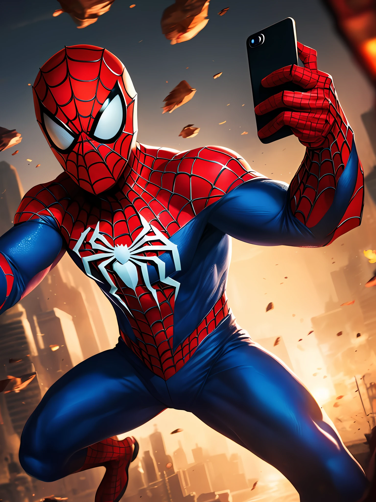 (masterpiece, best quality), intricate details, 8k, artstation, wallpaper, official art, splash art, sharp focus,
1boy, red eyes, Spiderman, male, selfie
spider suit, web print, web --auto