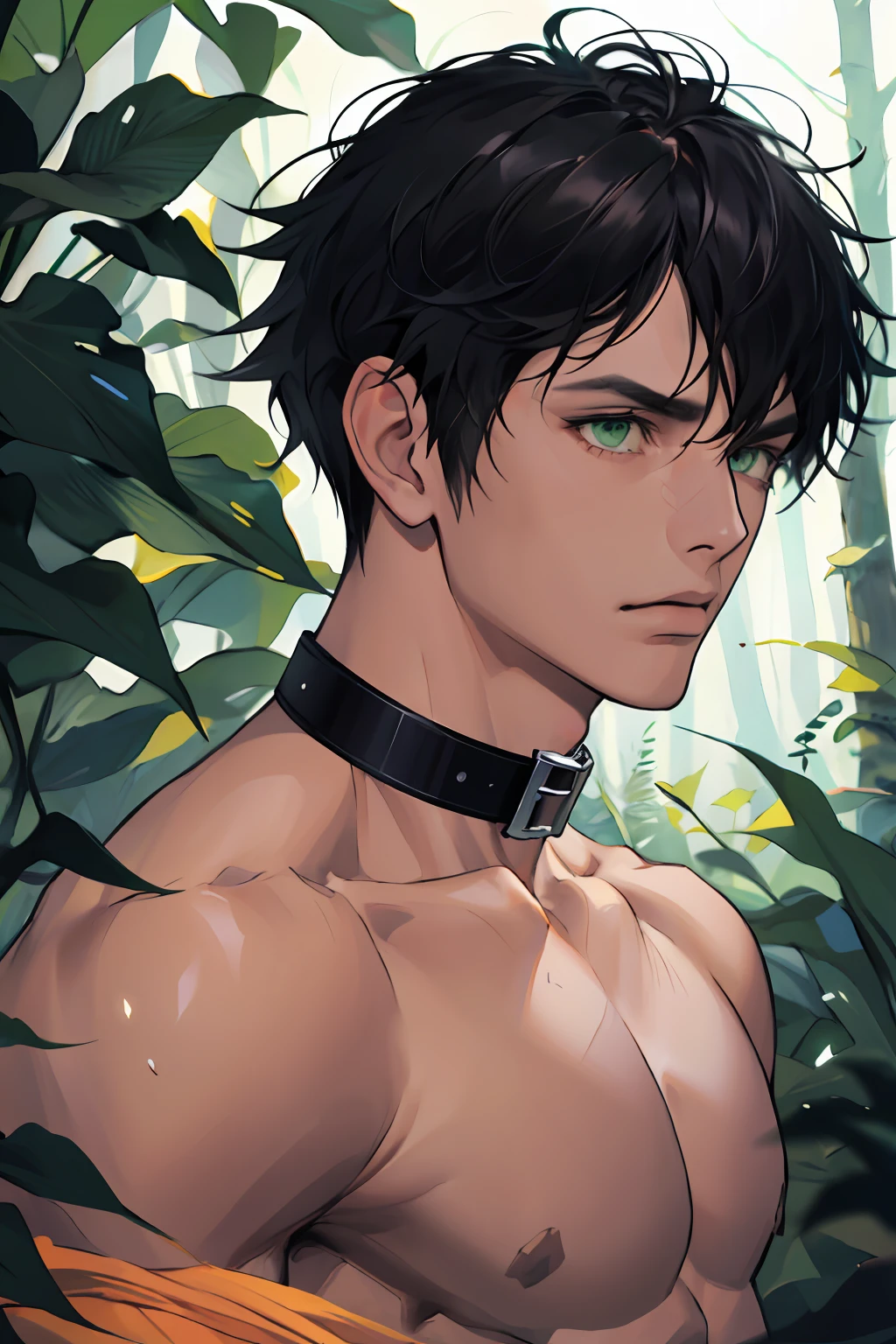 (absurdres, highres, ultra detailed), 1 male, (28 years old male) (short pointed ears) adult, handsome, tall slender guy, narrow eyes, narrow shoulders, finely detailed eyes and detailed face, messy shaggy black hair, shaggy hair, side bangs, bangs, green eyes, sexy twink, shirtless, bare chest, final fantasy 14, slave collar, full body shot, defiant pose expression, cinematic, forest bokeh, background blur