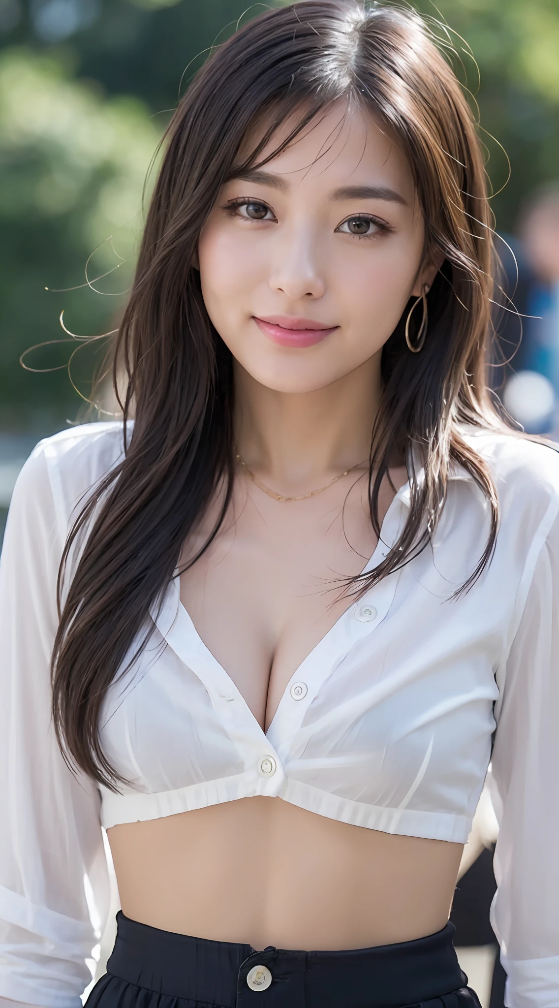 (8k, RAW photos, top quality, masterpiece: 1.2), super detail, super resolution, (realistic, real photos: 1.37), portraits、、、 high-definition RAW color photos, professional photos, very detailed and beautiful, highly detailed, 8k race wallpapers, amazing details, huge file size, official art, highly detailed CG Unity 8k race wallpapers, highly detailed beautiful girls, Very detailed face, very detailed eyes, very detailed skin, very detailed fingers, very detailed nose, very detailed mouth, perfect anatomy, detailed background, detailed clothes, girl 1, 20 years old, cute, realistic body, white skin, shining skin, slim body, black hair, long straight hair, (dull bangs: 1.2), (((Extra large white shirt for men, shirt with buttons, fully open shirt)), (((miniskirt)), smile, adorable, cute face, realistic face, delicate eyes, ((no bra))), ((full body)), necklace, earrings, ((full body)), (knee to head shot)), cowboy shot, contrapo, dynamic writing, C cup breasts,