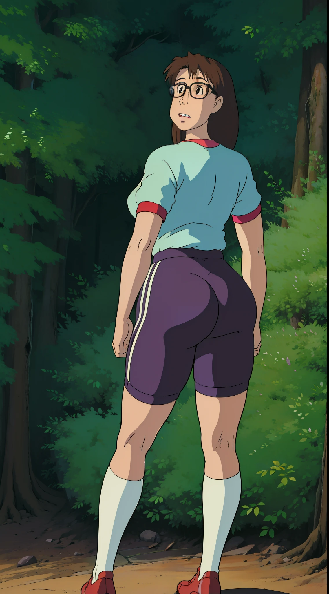 Koyomi Mizuhara, Brunette hair, brown hair color, long hair, bangs, glasses, teenager, gym outfit, red sports shirt, tight biker shorts, black thigh socks, brown shoes, Highschool, tall girl, breasts, luscious lips, concept, standing NSFW, hoe, licking POV, Hentai, Ecchi, p/orn wanting, cum dump, gaping ass, hole