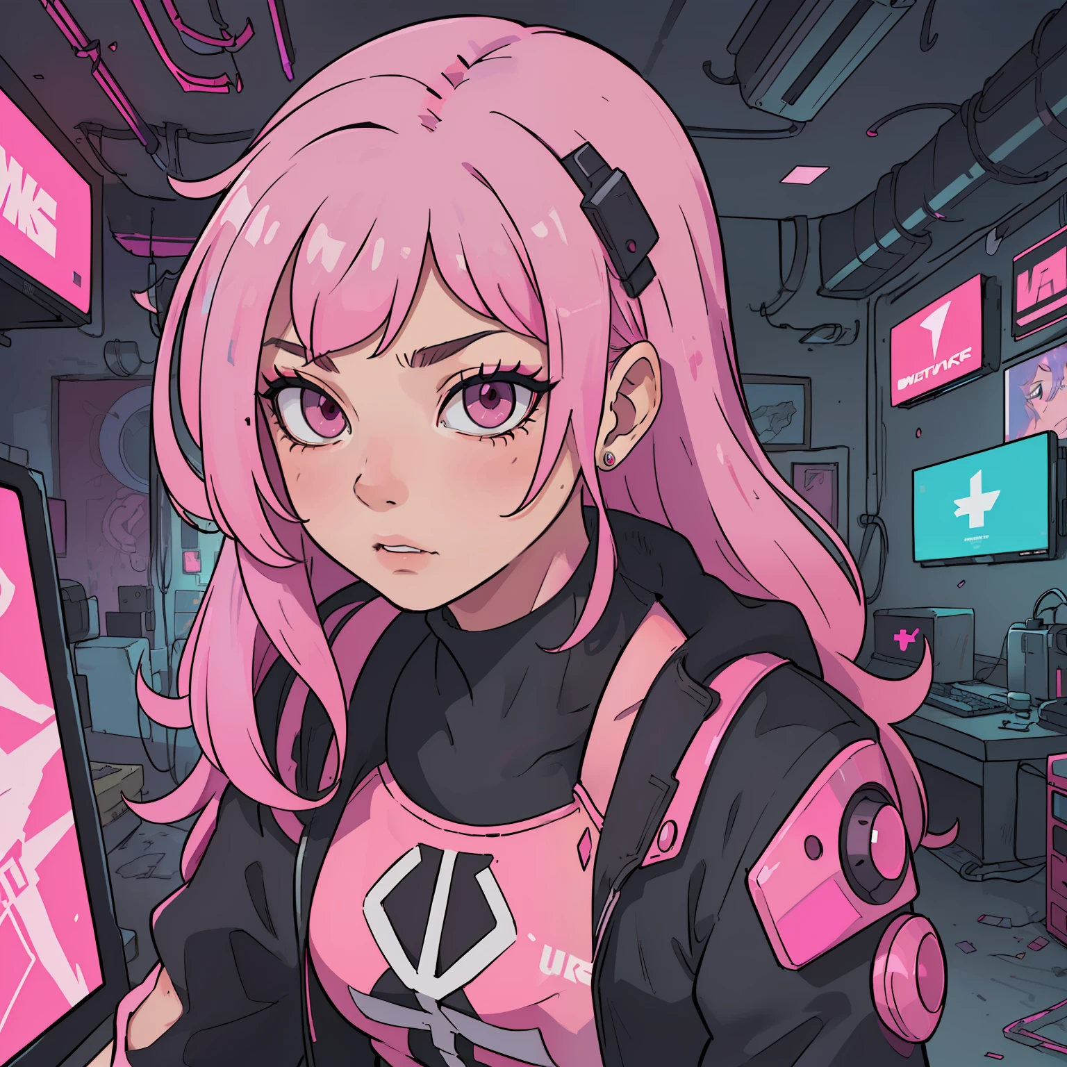 ((masterpiece)), ((best quality)), (((ultra high resolution)), a woman, pink hair, pink eyes, alone, cyberpunk clothes 2077, inside a cyberpunk house, very detailed background, detailed skin, detailed face, gorgeous, messy, dynamic poses, hacker, hologram, futuristic clothes