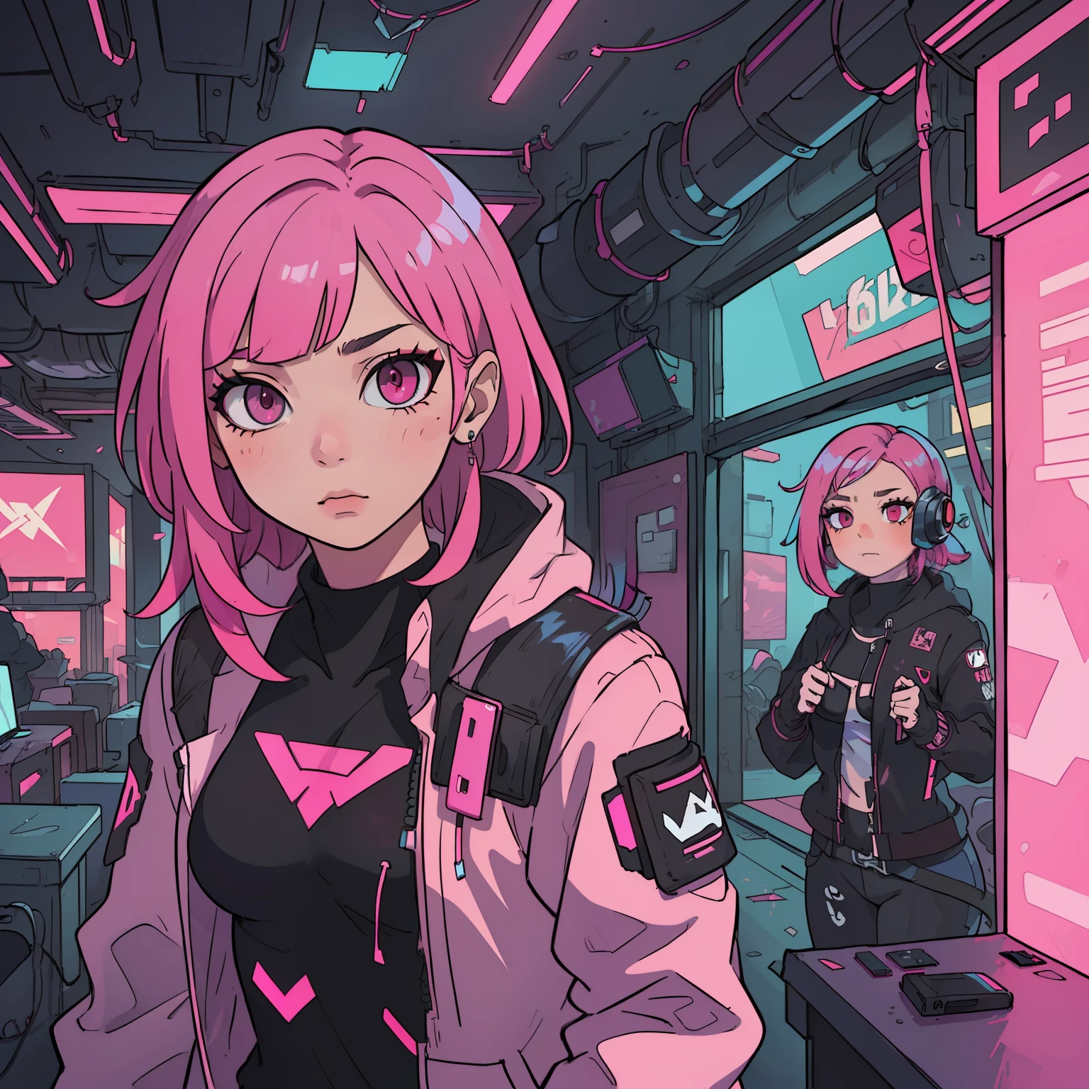 ((masterpiece)), ((best quality)), (((ultra high resolution)), a woman, pink hair, pink eyes, alone, cyberpunk clothes 2077, inside a cyberpunk house, very detailed background, detailed skin, detailed face, gorgeous, messy, dynamic poses, hacker, hologram, futuristic clothes