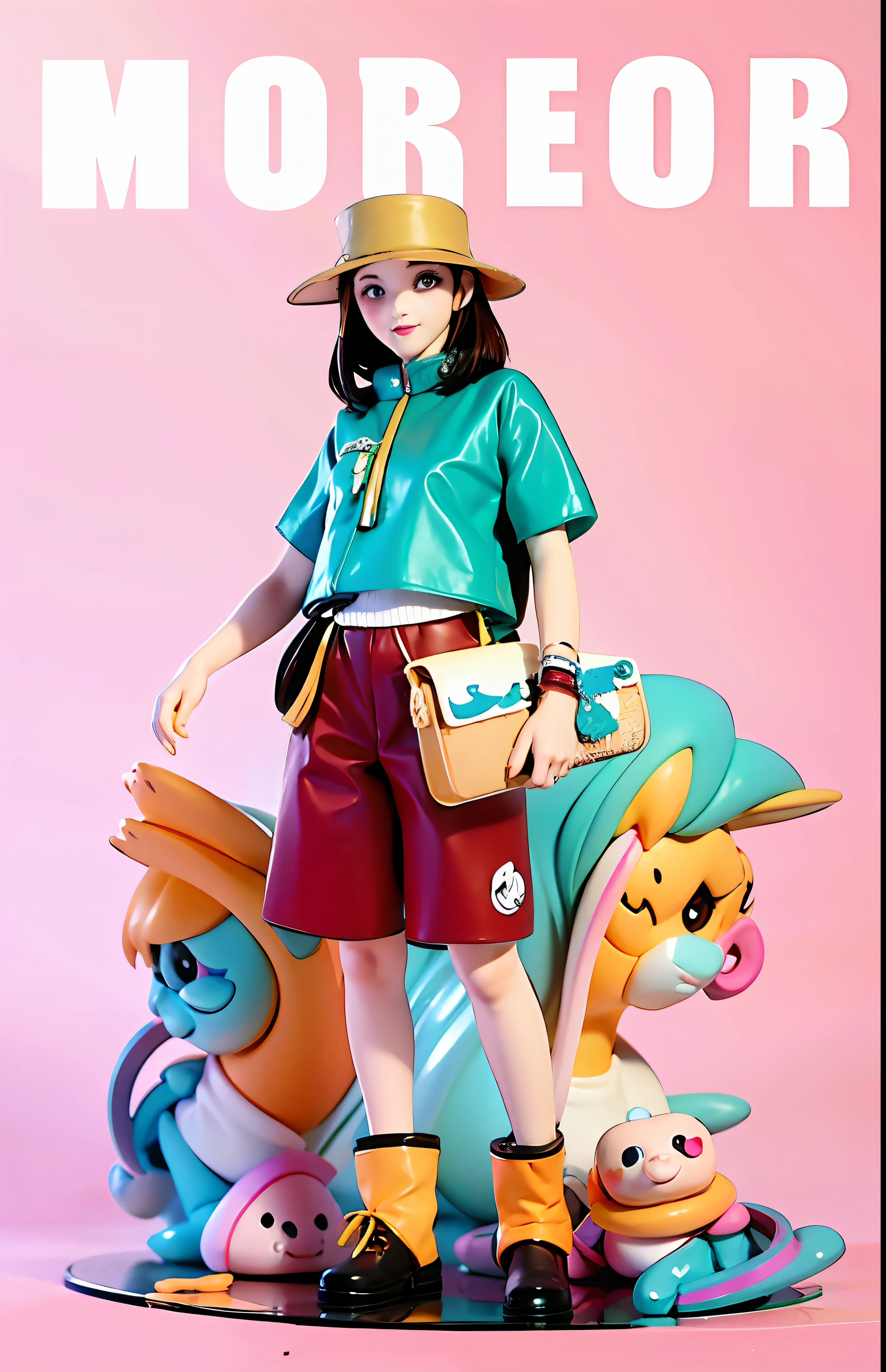 a woman in a hat and shorts stands in front of a pink background, illustration style, modern illustration, modern anime style, in style of digital illustration, modern art style, lo-fi illustration style, illustration line art style, lofi artstyle, modern fashion, 90's modern art, cute art style, cartoon style illustration, animation illustrative style, modern clothes