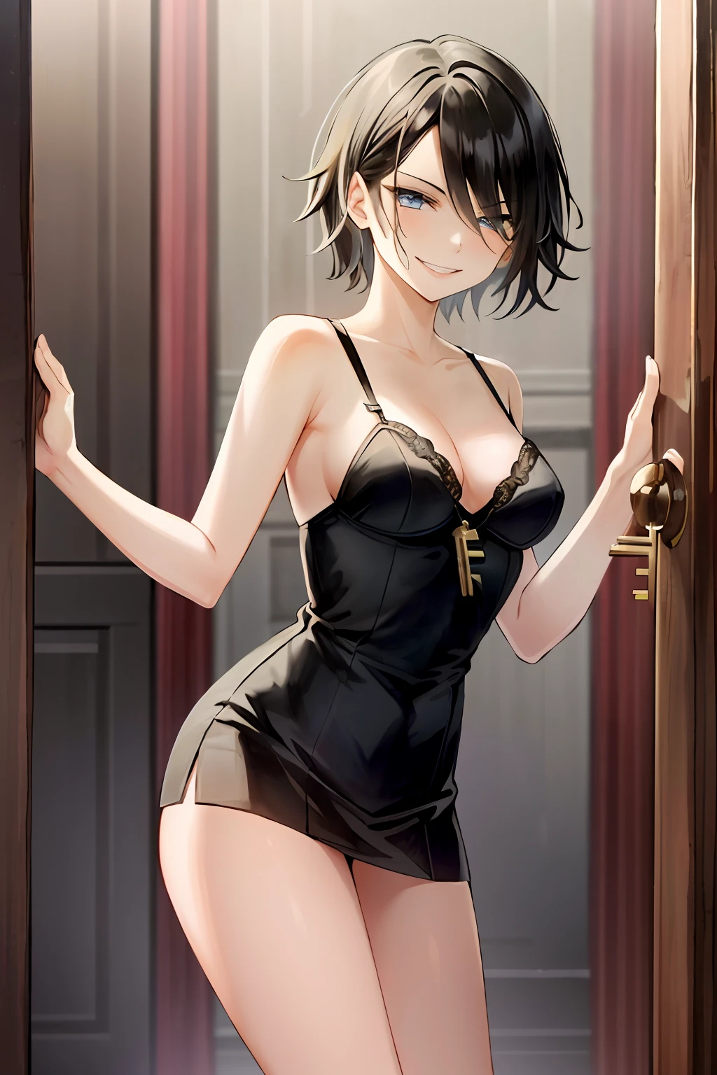 masterpiece, top quality, high resolution, masterpiece, adult female in one, evil smile, evil smile, evil plan, black hair, lingerie show, short hair, blue eyes, mini skirt, ward, key grip