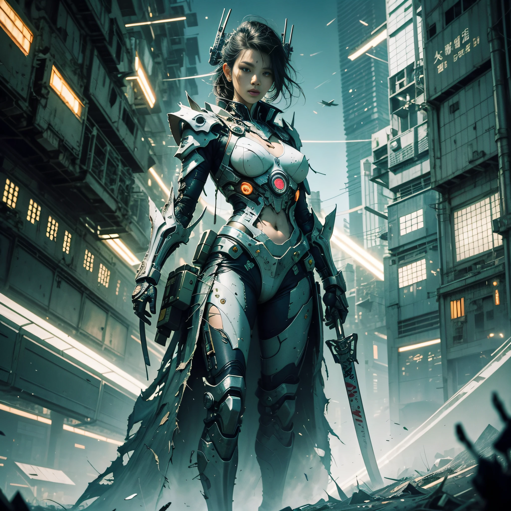 An old Chinese girl, full body, amazing facial features, sharp eyes, cyberpunk, holographic aura, surreal sci-fi art, futuristic sci-fi aesthetics, hanfu (tattered, torn, burnt), mecha, complex design, game model, movie edge light, exquisite light, masterpiece, ultra-detailed, epic composition, ultra hd, high quality, highest quality, 32k --niji 5