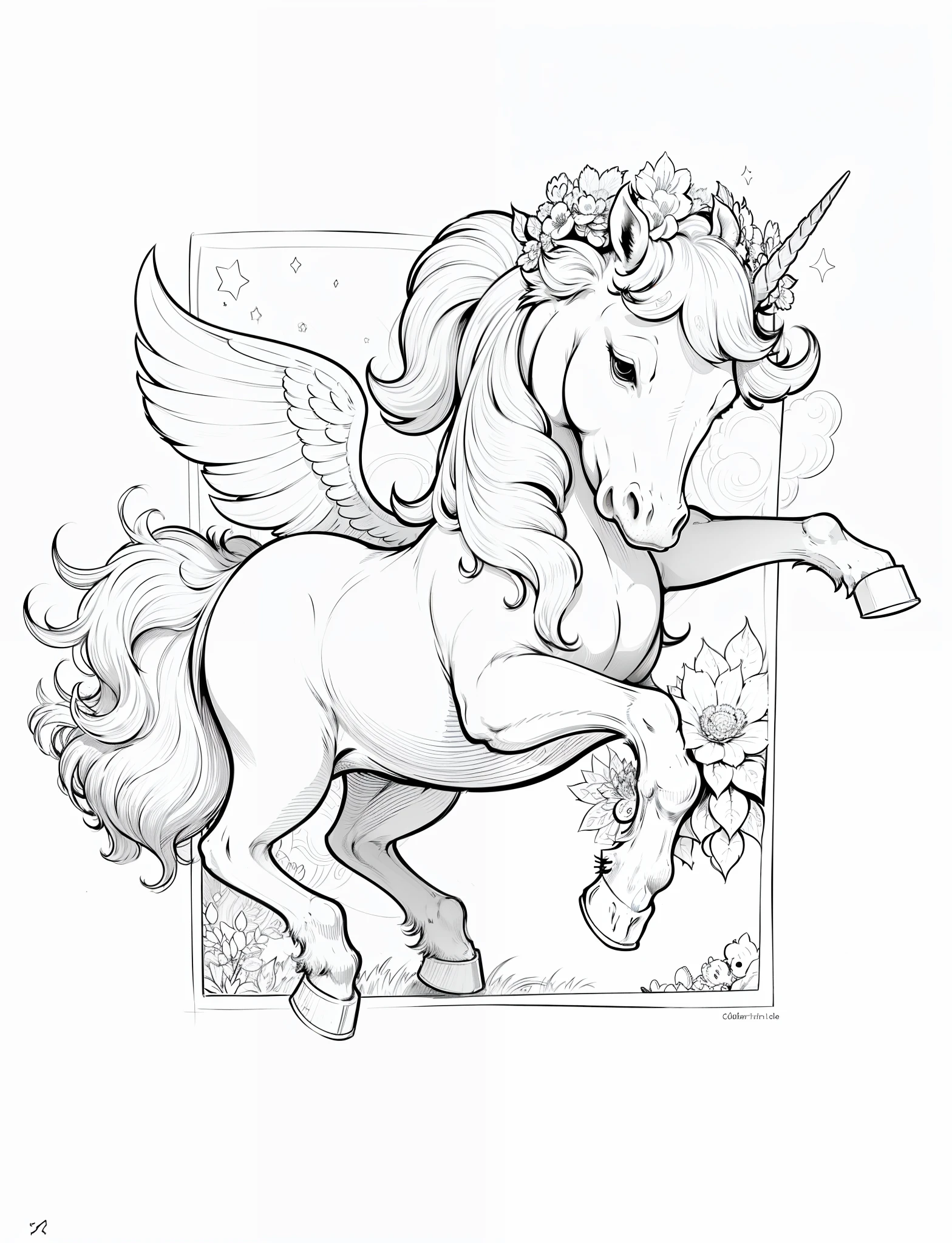 (A baby unicorn), (lineart illustration), sketch art style, (outline drawing for a coloring book), (line art:1.2)