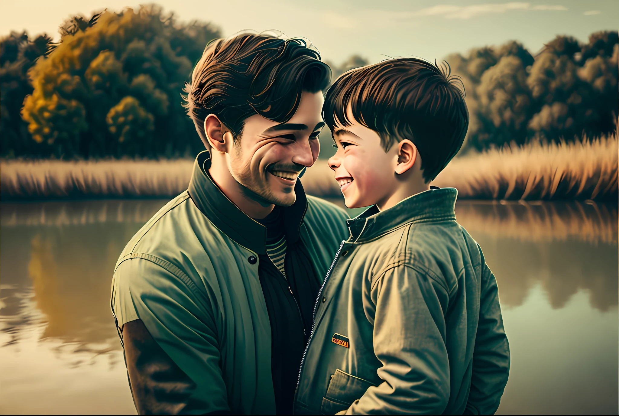 image of a man with his son , on a riverside, with cool clothes, smiling, looking at each other,