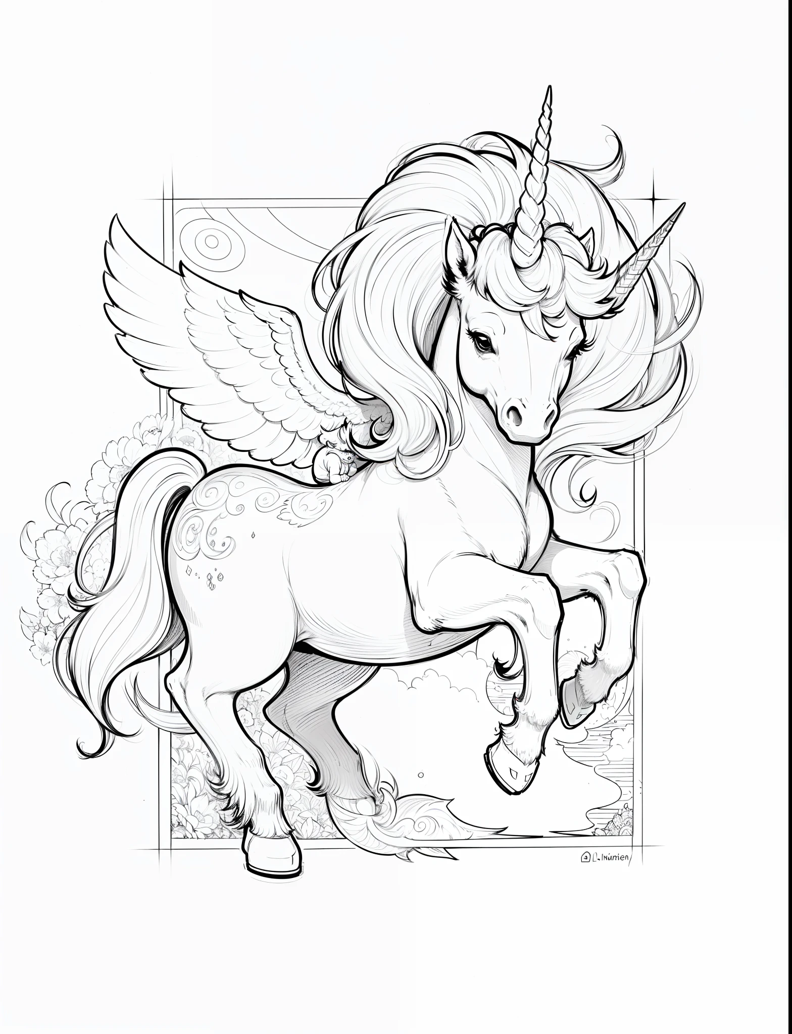 (A unicorn), (lineart illustration), sketch art style, (outline drawing for a coloring book), (line art:1.2)