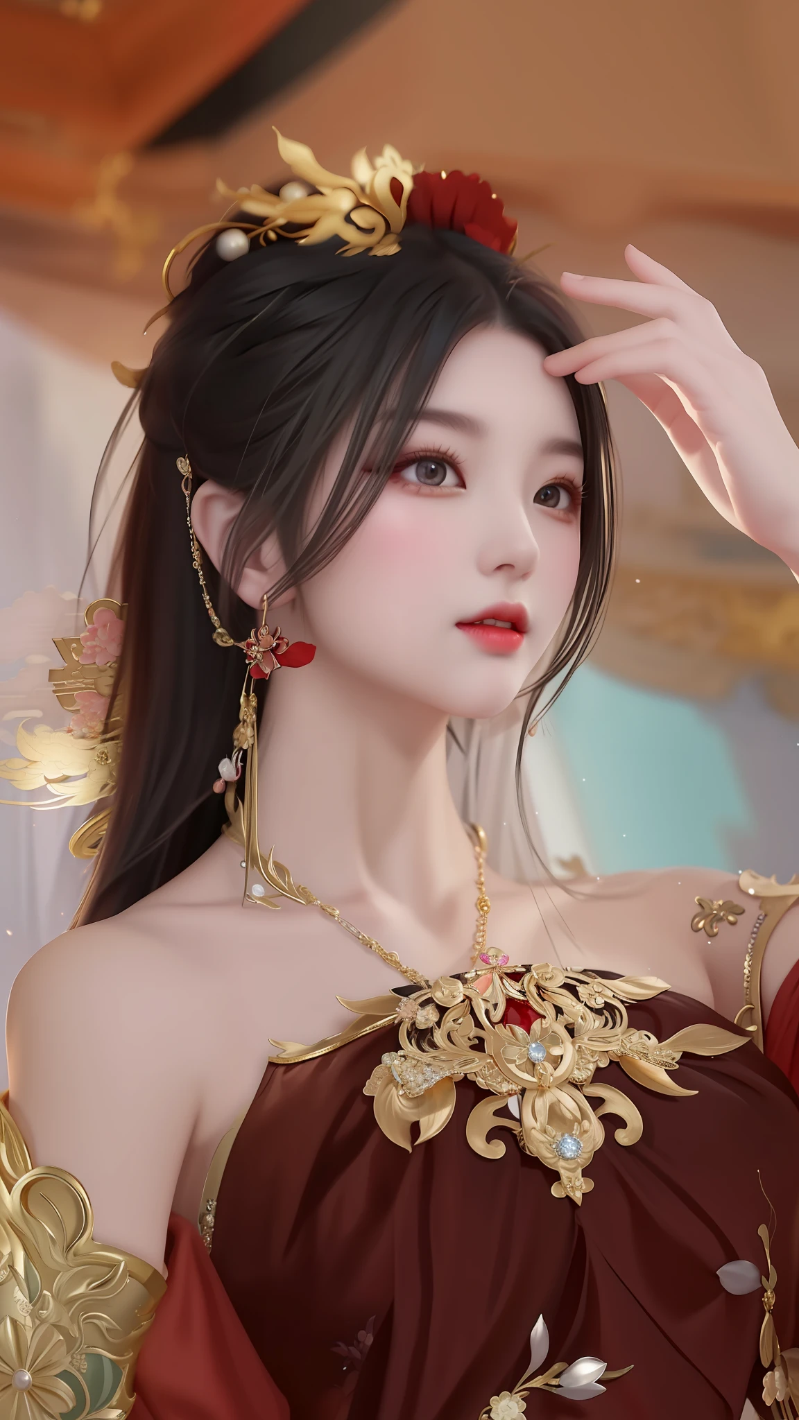a close up of a woman wearing a red dress and gold jewelry, gorgeous chinese model, a beautiful fantasy empress, inspired by Du Qiong, inspired by Huang Ji, palace , a girl in hanfu, by Yang J, sha xi, inspired by Zhang Yin, inspired by Song Maojin, chinese style, beautiful render of tang dynasty