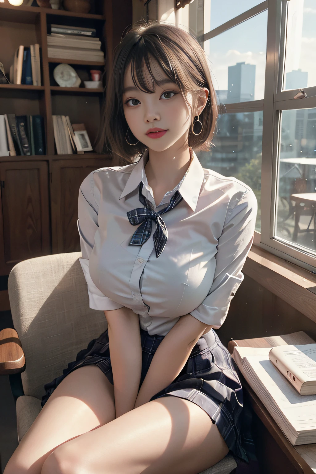 Best image quality, RAW photo, super high resolution, taken from the side, gentle smile,  Korean, very big breasts, tie, ribbon, school uniform, collared shirt, school uniform shirt, plaid skirt, fair skin, shiny white skin, short bob, bright silver hair, bright gray hair, neatly aligned bangs, beautiful eyes, beautiful eyes of random colors, very thin lips, beautiful eyes with details, Elongated eyes, pale pink cheeks, long eyelashes, beautiful double eyelids, eyeshadow, earrings, night school, dimly lit library at night, library desk, sitting at desk and crossing legs