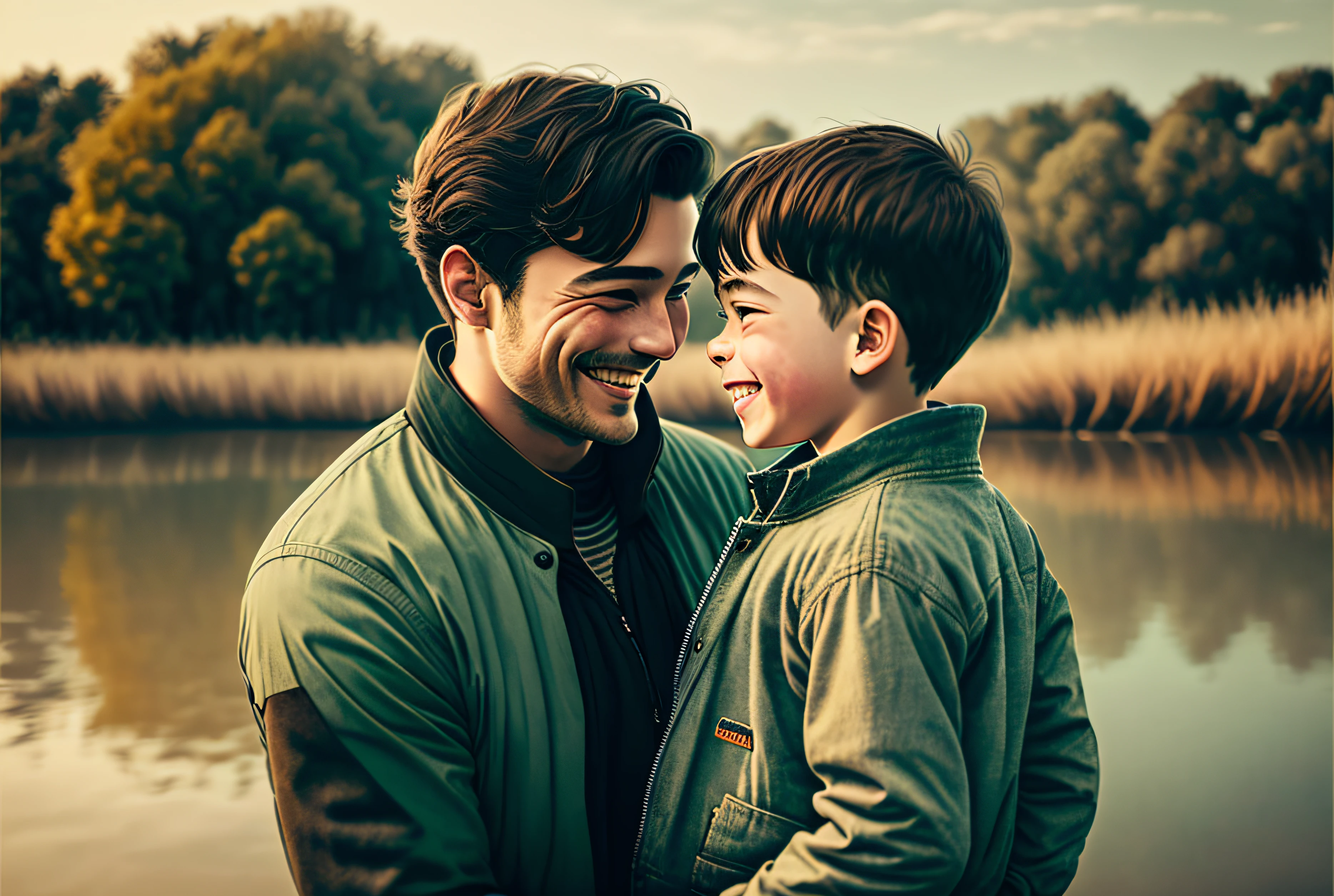 image of a man with his son , on a riverside, with cool clothes, smiling, looking at each other,