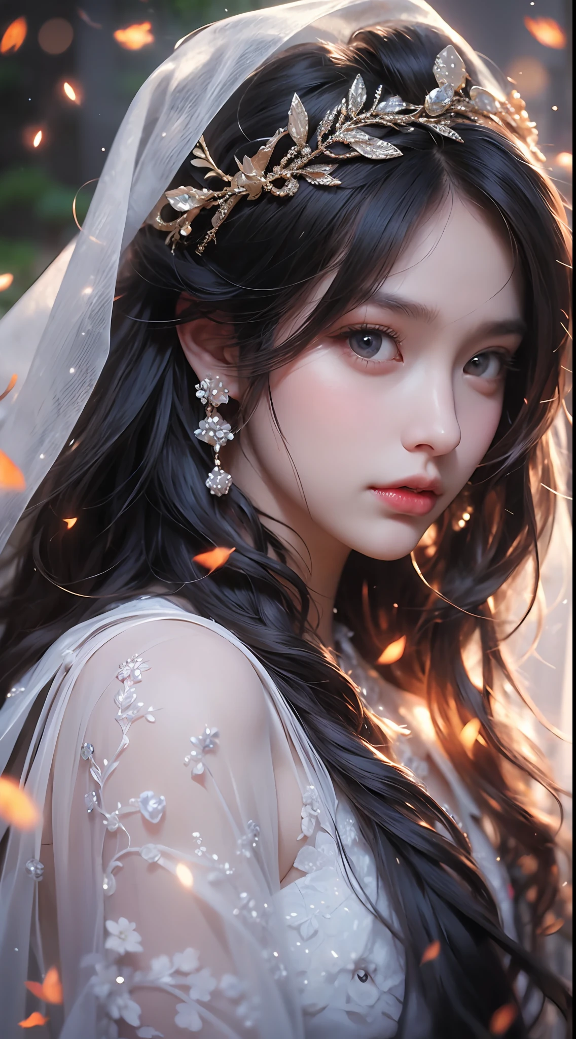 (Best Quality), (Masterpiece), (Reality), a close-up of a girl's upper body, 1 girl, black hair, long hair, white veil, branch shaped lightning, detailed eyes, beautiful facial features, surrounded by flames, game CG, super detailed