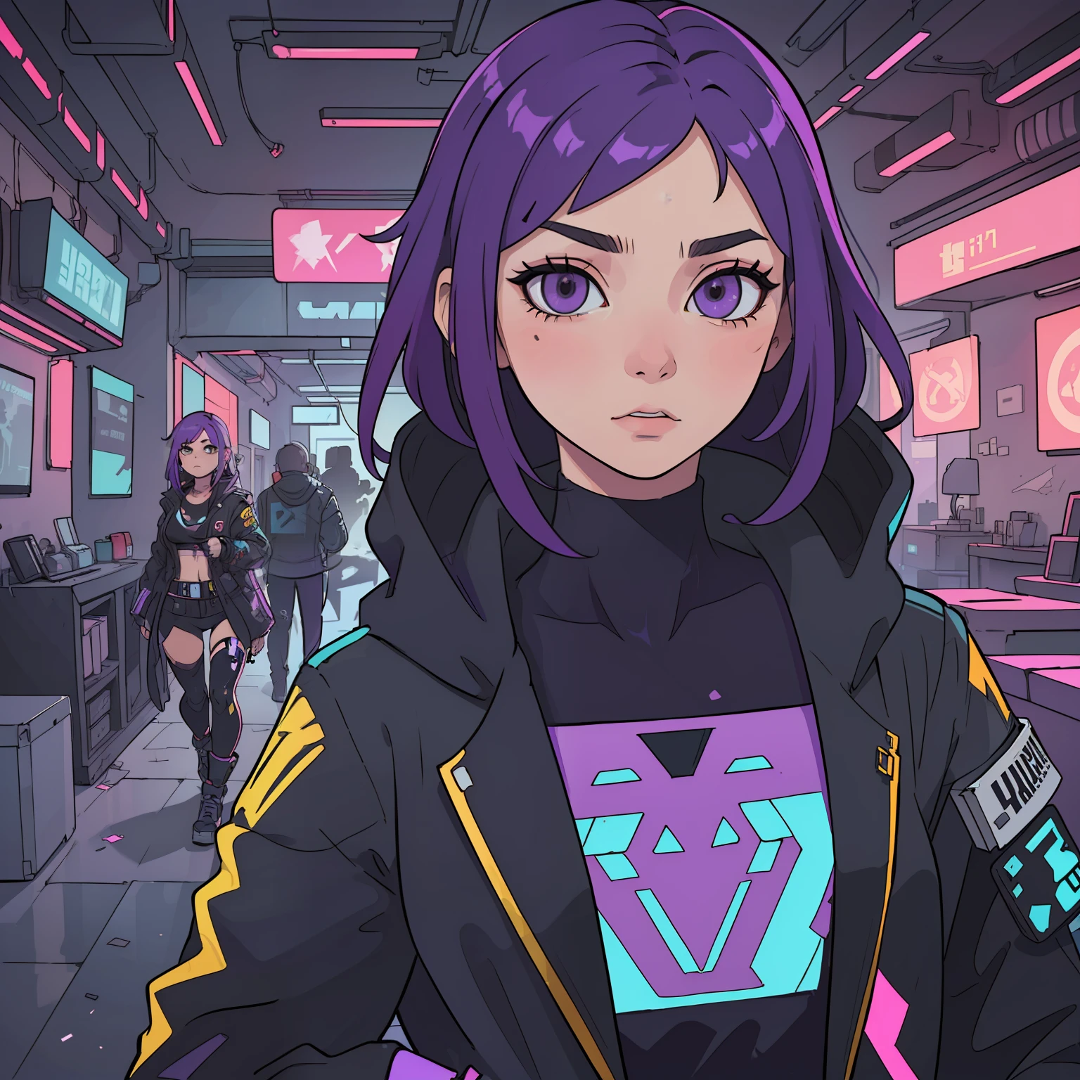 ((masterpiece)), ((best quality)), (((ultra high resolution)), a woman, purple hair, alone, cyberpunk clothes 2077, inside a cyberpunk house, very detailed background, detailed skin, detailed face, gorgeous, messy, dynamic poses, hacker, hologram, futuristic clothes
