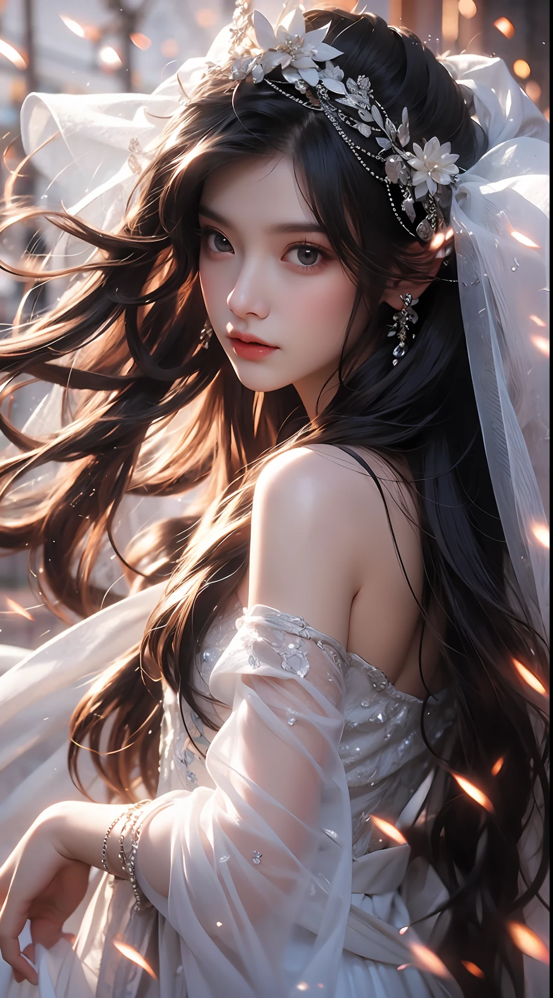 (Best Quality), (Masterpiece), (Reality), a close-up of a girl's upper body, 1 girl, black hair, long hair, white veil, branch shaped lightning, detailed eyes, beautiful facial features, surrounded by flames, game CG, super detailed