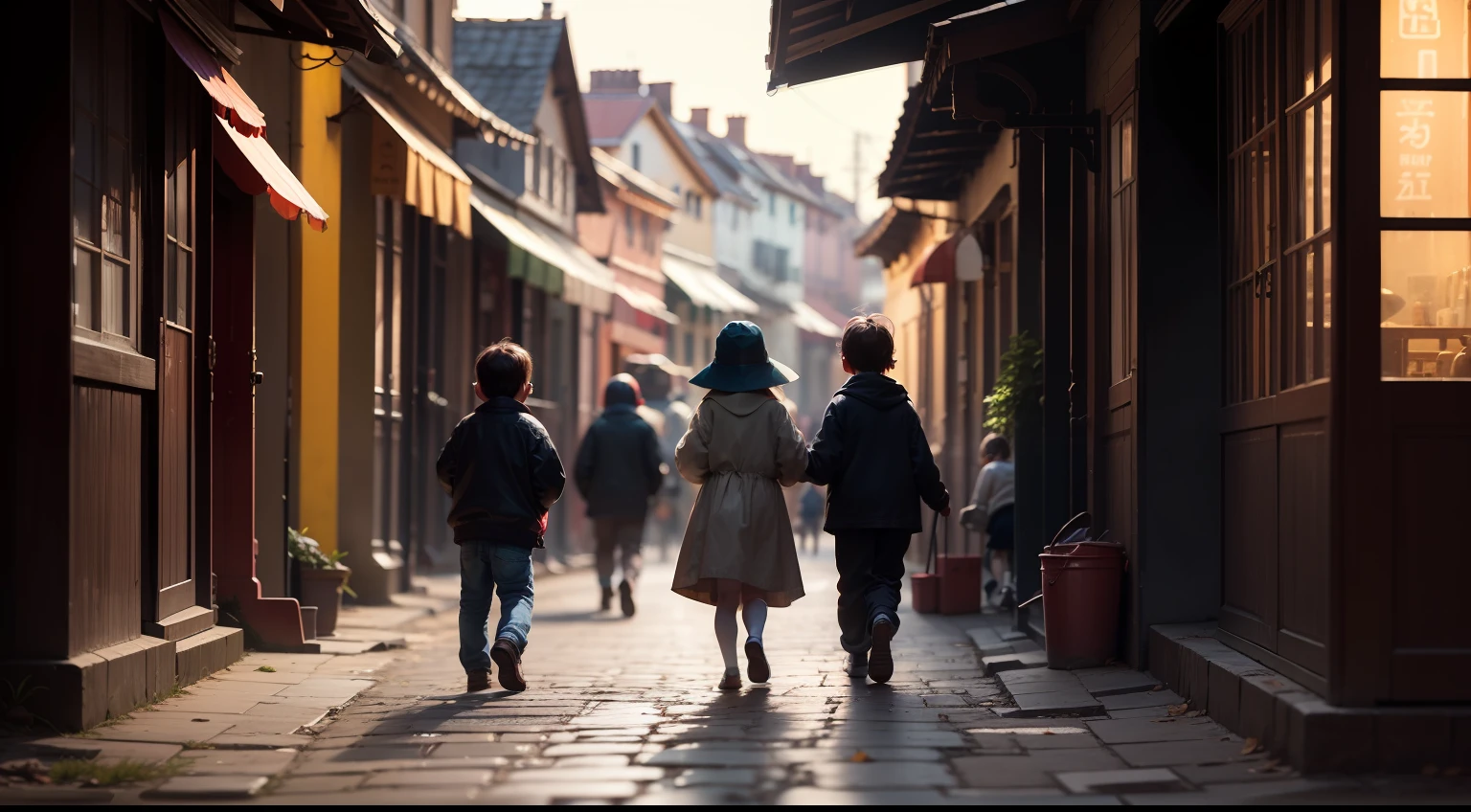 Children playing in the street of the Village, cinematic colors, vignette, discreet, bright, dark depth of field
