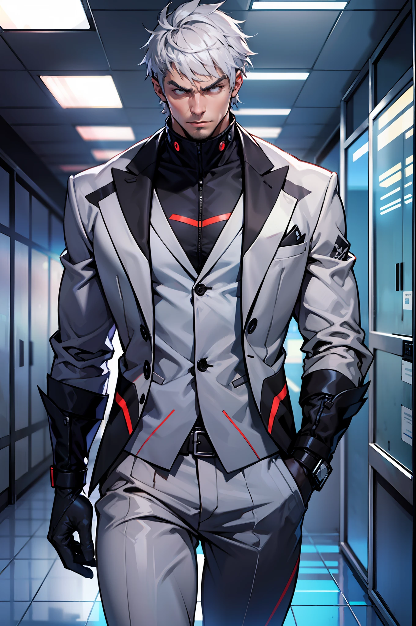 A man, corporate boss, serious, tall and burly body, dressed in futuristic elegant clothes, short gray hair, cold eyes, in a futuristic office, evil