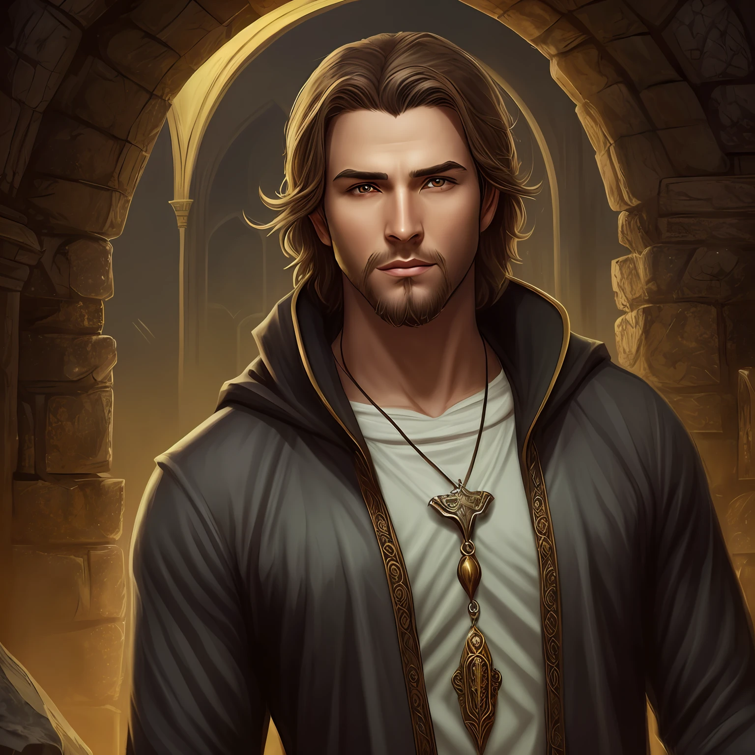 Image of a young sage without a beard and a wrinkle-free face, simple fantasy character, Jewish, realistic character portrait, stunning character art, epic character art right after Christ The year should be 700 A.D., epic fantasy character art, complex fantasy character, ancient male archetype, uses as cord a pendant and crucifix --auto