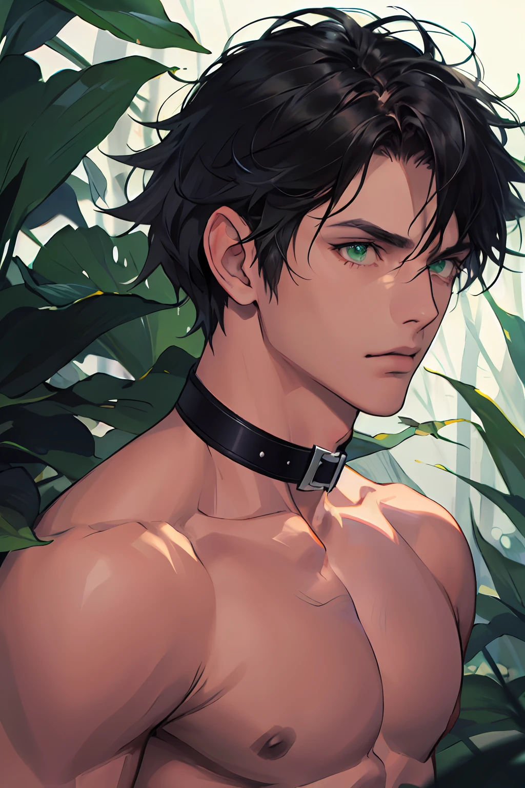 (absurdres, highres, ultra detailed), 1 male, (28 years old male) (short pointed ears) adult, handsome, tall slender guy, narrow eyes, narrow shoulders, finely detailed eyes and detailed face, messy shaggy black hair, shaggy hair, side bangs, bangs, green eyes, sexy twink, shirtless, bare chest, final fantasy , slave collar, full body shot, defiant pose expression, cinematic, forest bokeh, background blur