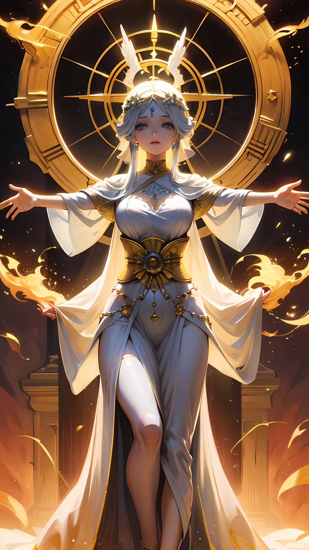 A sublime marble statue represents the Goddess of Healing: with serene eyes and outstretched hands, she protects and guides all witches, healing them spiritually and physically, with her divine power." --auto