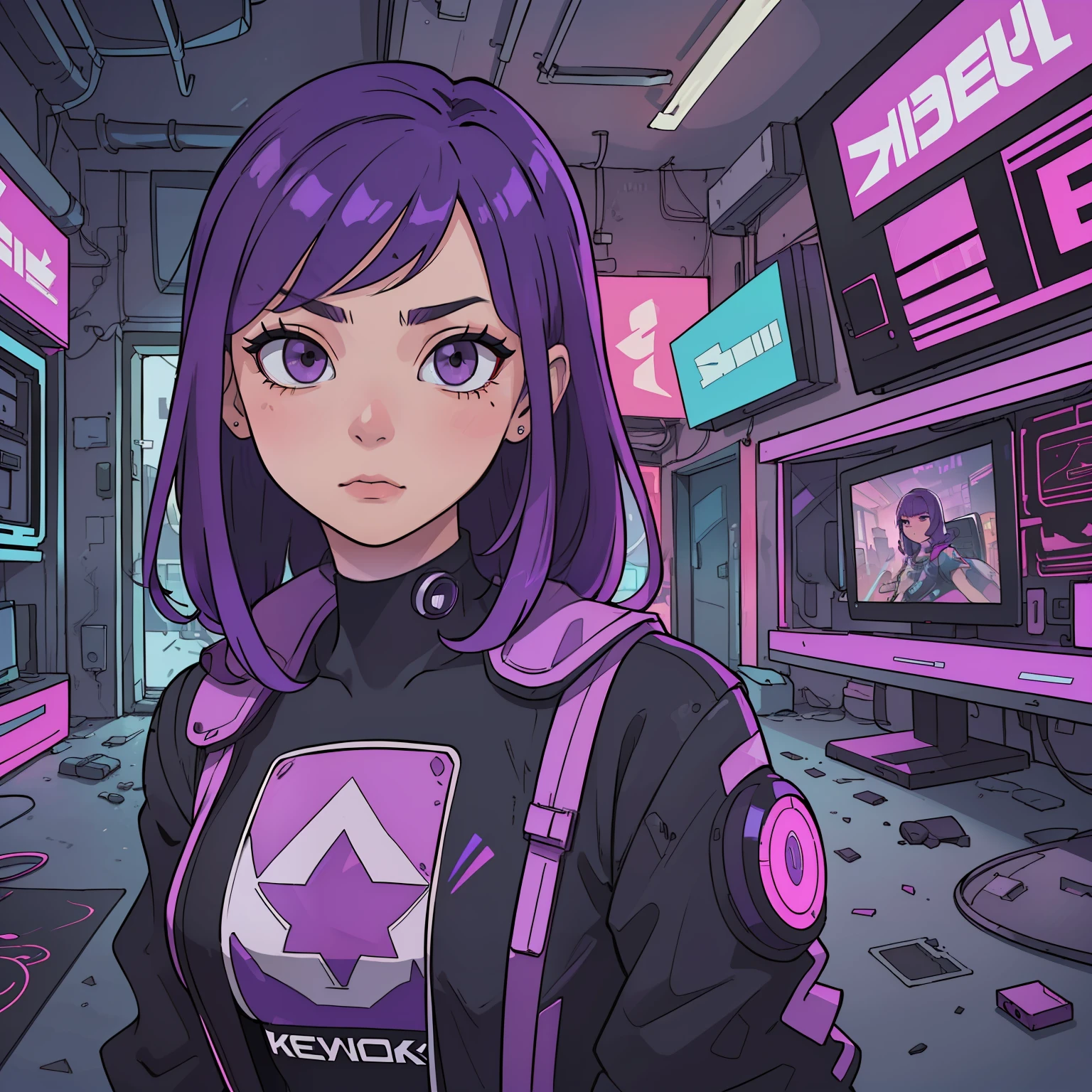 ((masterpiece)), ((best quality)), (((ultra high resolution)), a woman, purple hair, alone, cyberpunk clothes 2077, inside a cyberpunk house, very detailed background, detailed skin, detailed face, gorgeous, messy, dynamic poses, hacker, hologram, futuristic clothes