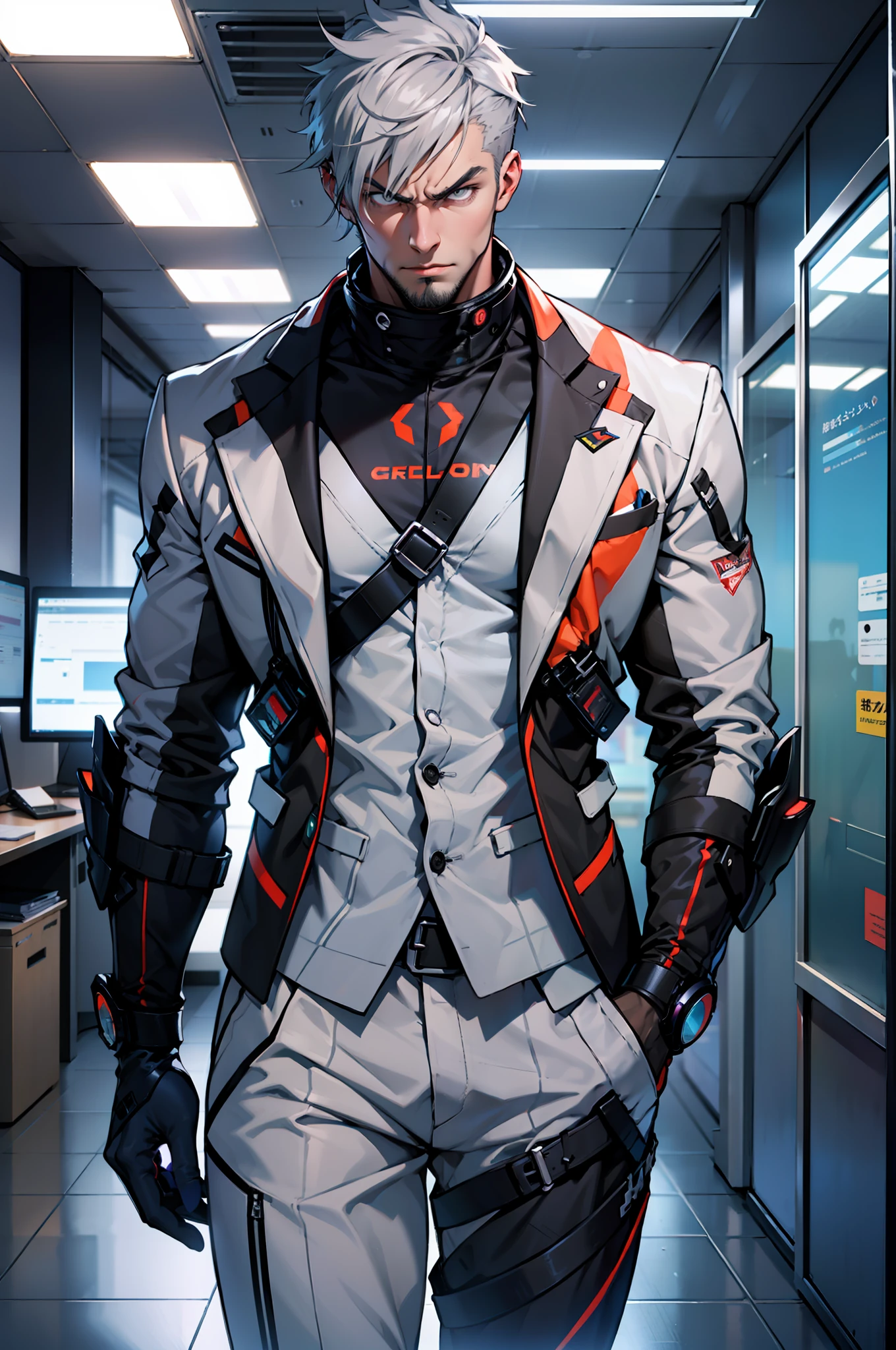 A man, corporate boss, serious, tall and burly body, dressed in futuristic elegant clothes, short gray hair, cold eyes, in a futuristic office, evil