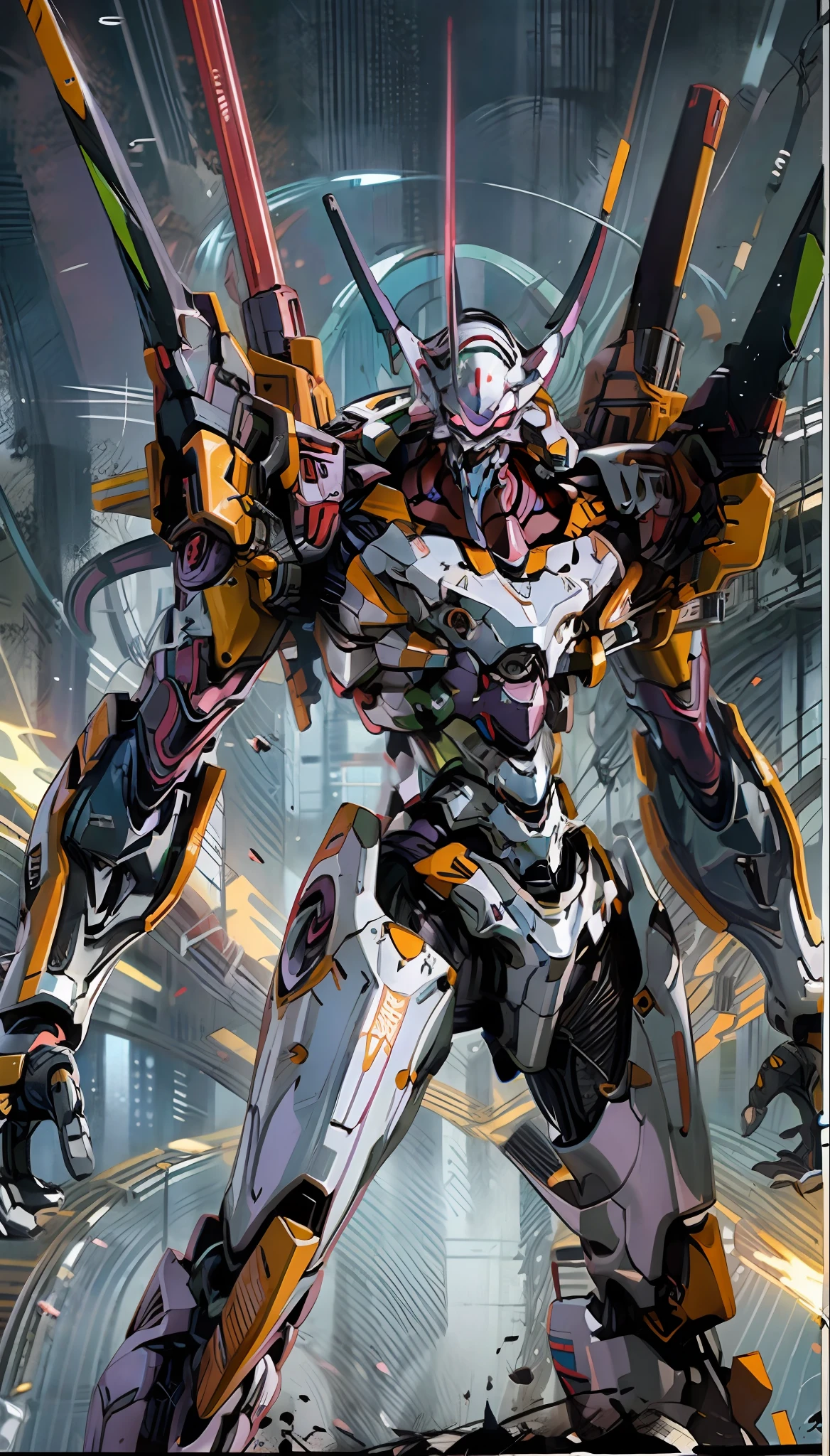 Eva 01, Eva, Evangelion mecha, science fiction, look viewer, (official art, best quality, masterpiece: 1.2), Illustrations, high resolution, beautiful abstract background, futuristic, comic book style, mecha, handheld weapon, lightsaber, depth of field, wide angle,