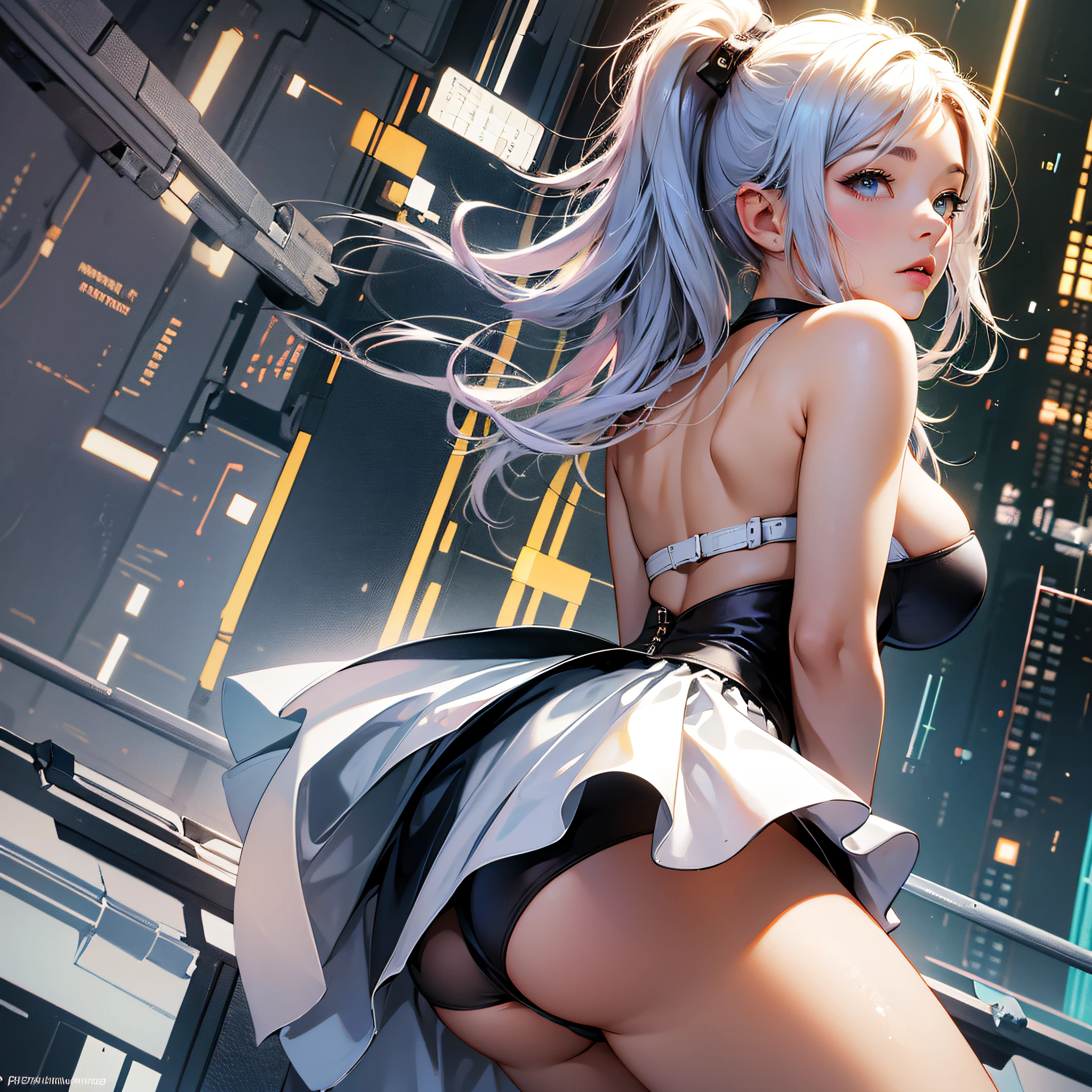 (Trend artstation, pixiv, anime style), an adult woman (28 years old), long hair with bangs, white hair with purple details (hair color: white with purple details) detailed body ((huge breasts, giant breasts, (large thighs, wide hips, thin waist)), wearing bands all over the body (color of the bands: white with red details) glued to the body, red eyes (red eyes, red iris), excited, crazy, sensual, sexy, sensual pose, concept art, anime style, reflection light, backlighting, cinematic lighting, high detail, surrealism, realism, hyperrealism, masterpiece, anatomically correct, super detail, high detail, high quality, award-winning, best quality, anime, ray tracing, pov, UHD, 8k,(hyperrealistic), (illustration), (high resolution), (8K), (extremely detailed), (best illustration), (beautiful detailed eyes), (best quality), (super detailed), (masterpiece), (wallpaper), (detailed face), solo, (dynamic pose), 1 girl, white wavy hair in the kitchen, Brazilian, heterochromic eyes, small moles under the eyes, ((apron)), large breasts, long legs, tightens the abdomen, (black socks), (no panties), (no bra), (full body) --auto