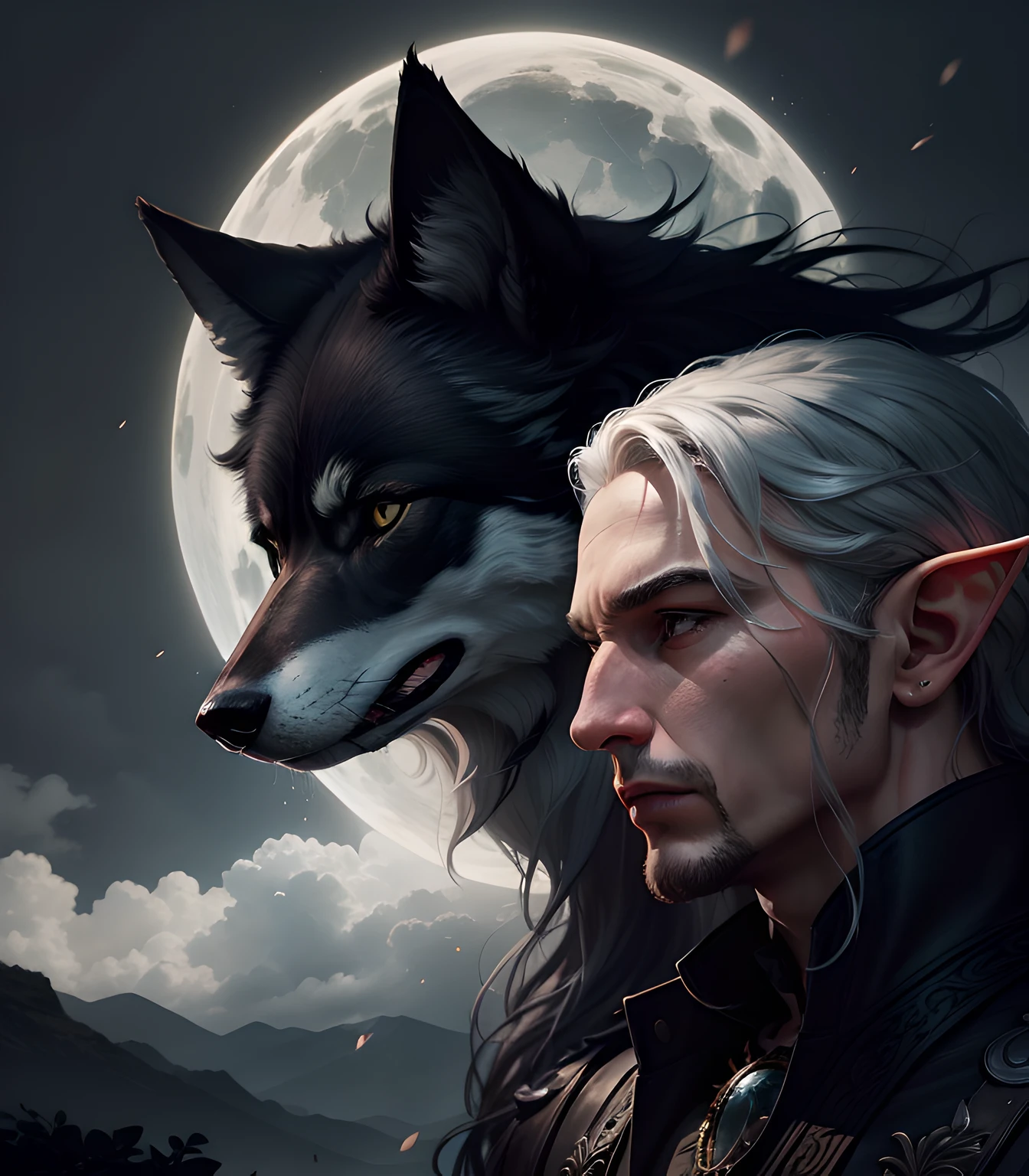 Elf man with long white hair and black wolf hyper-realistic style --auto