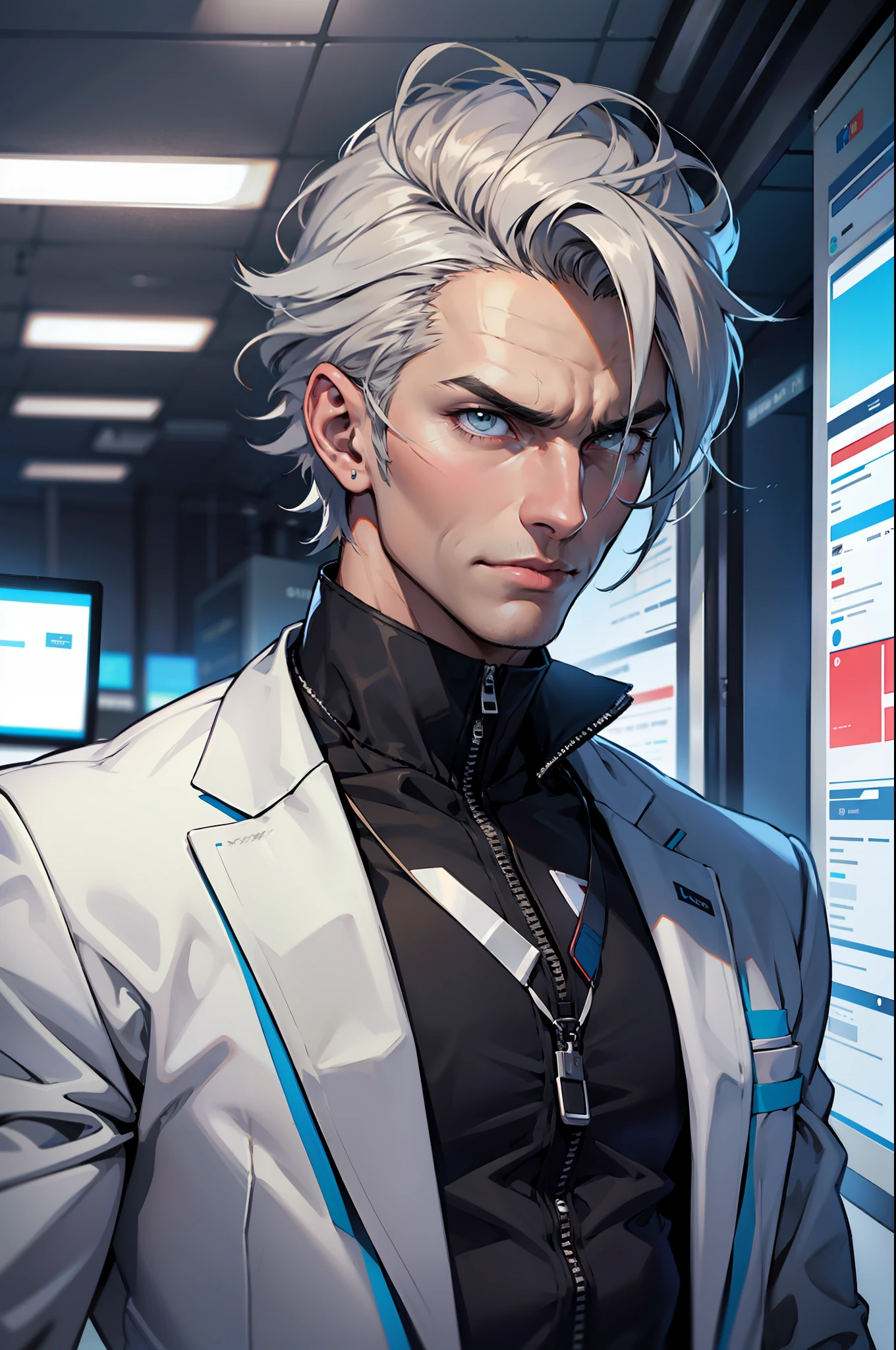 A man, corporate boss, tall and burly body, dressed in futuristic elegant clothes, short gray hair, cold eyes, in a futuristic office, evil, portrait