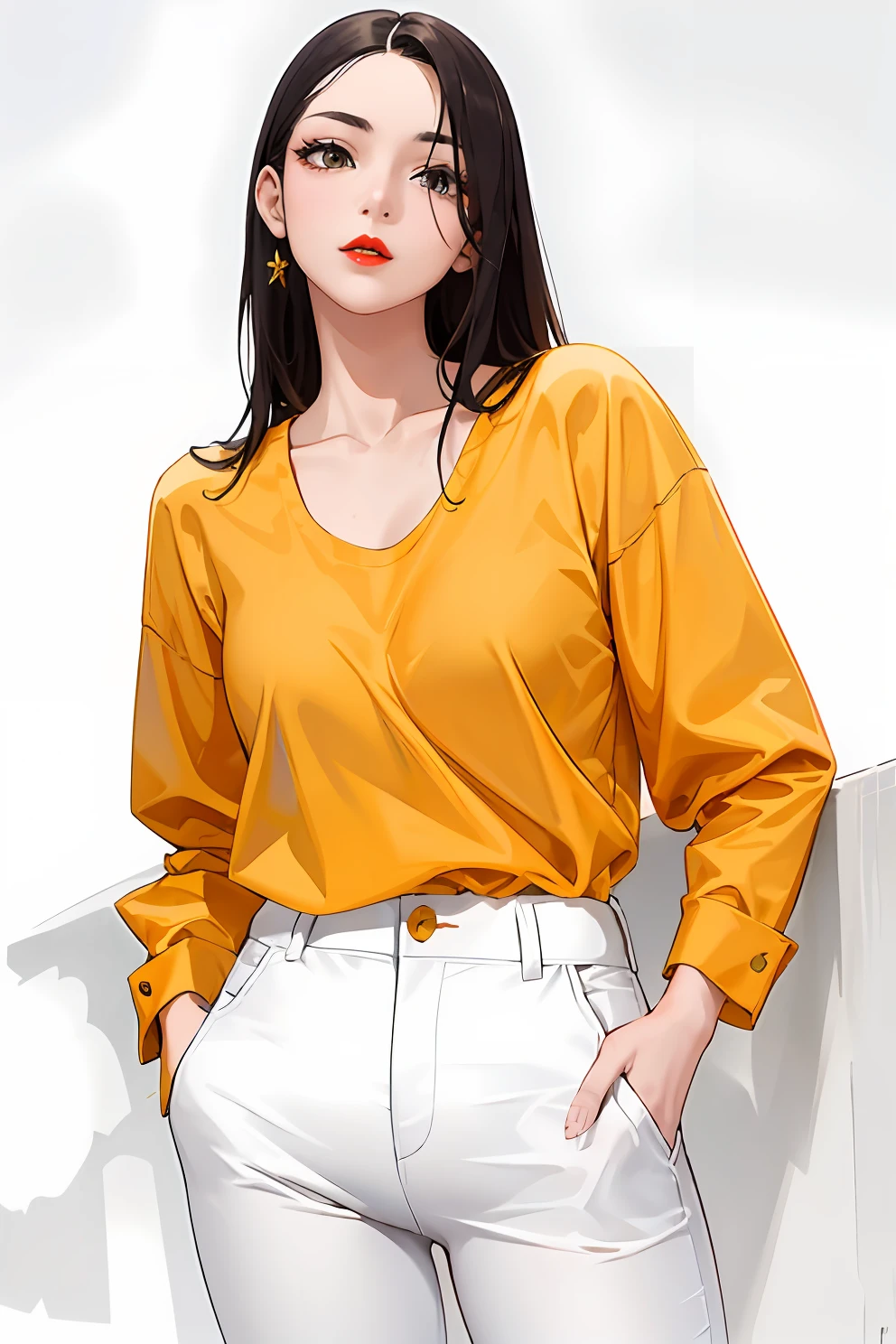 1woman, beautiful, perfect, white pants and yellow shirt, red lips and beauty best quality, masterpiece