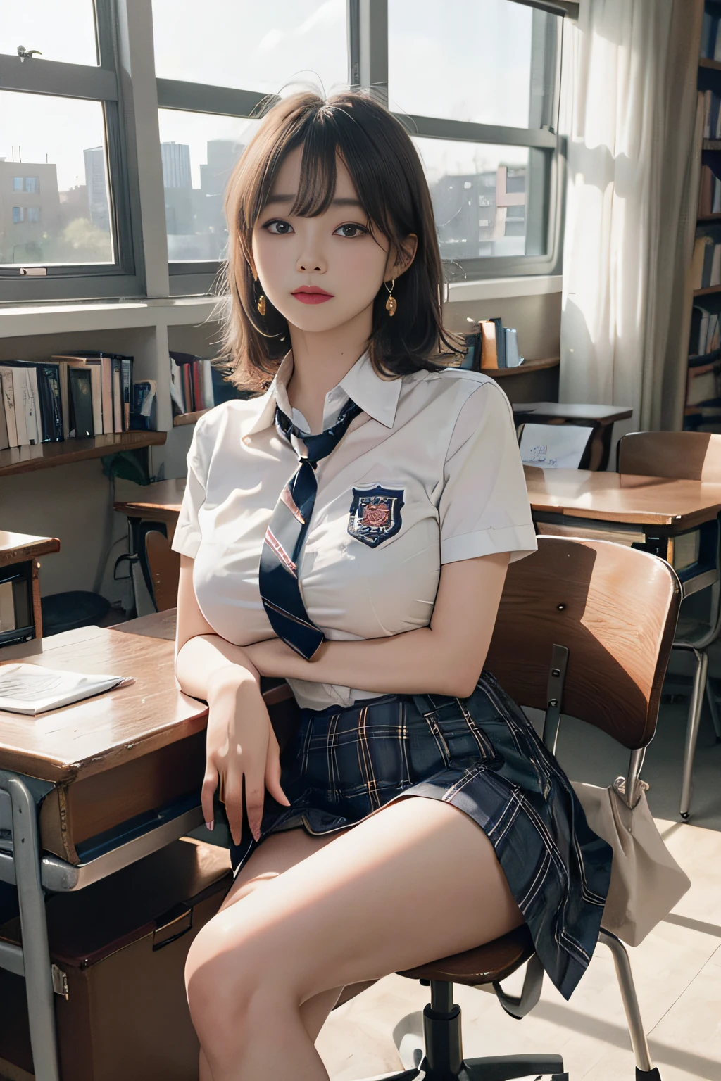 Best image quality, RAW photo, super high resolution, taken from the side, gentle smile, 16 years old Korean, very big breasts, tie, ribbon, school uniform, collared shirt, school uniform shirt, plaid skirt, fair skin, shiny white skin, short bob, bright silver hair, bright gray hair, neatly aligned bangs, beautiful eyes, beautiful eyes of random colors, very thin lips, beautiful eyes with details, Elongated eyes, pale pink cheeks, long eyelashes, beautiful double eyelids, eyeshadow, earrings, night school, dimly lit library at night, library desk, sitting at desk and crossing legs