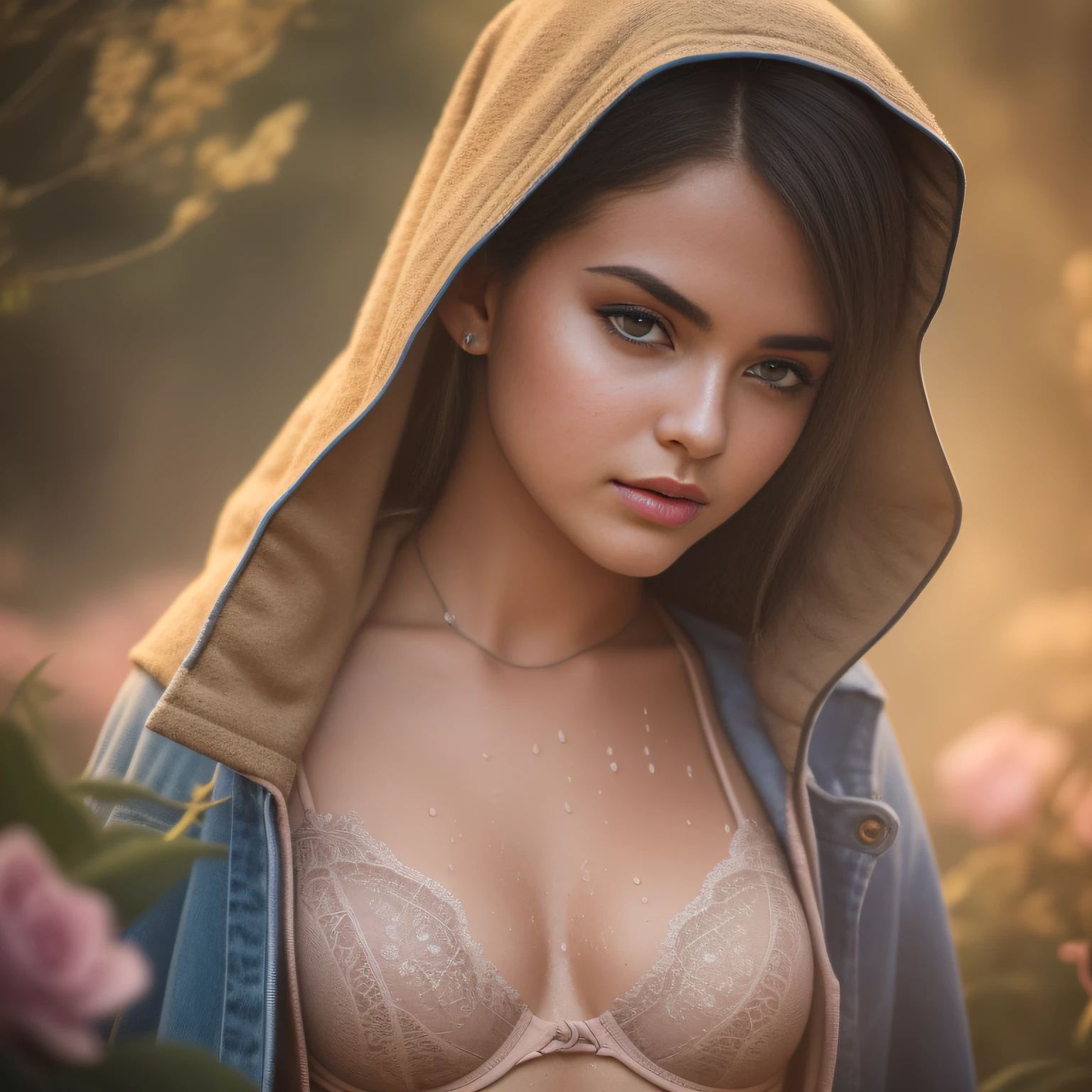 stunning midsummergirl in raincoat, hoodie and bra, neon rain, romantic, shy innocent sultry freckly princess, sweaty, sunlit, dripping wet, glistening skin, skimpy, natural pose, 8K,Best quality, masterpiece, ultra high res, (photorealistic:1.4), raw photo, (Authentic skin texture:1.3), (film grain:1.3), 1girl, beautiful detailed eyes and face,masterpiece, best quality, cottoncandy land, curvy beauty, style of Carne Griffiths and david hamilton, ripped jeans, pastel dreamy light, bathing in backlighting, opening buttons, sunrays, petals falling, roses, fog, haze, sunlit, in attic covered in flowers and petals, godrays, cozy, morning dew, backlighting, hazy, golden hour, morning light, erotic mood, countryside, masterpiece, best quality, ultra-detailed, solo, smoke, shadows, contrast, cinematic light, side lighting, ultra high resolution, best shadow, RAW, 4k, ultra-realistic style, detailed face, colofUnreal Engine 5, Cinematic, Color Grading, portrait Photography, Ultra-Wide Angle, Depth of Field, hyper-detailed, beautifully color-coded, insane details, intricate details, beautifully color graded, Unreal Engine, Cinematic, Color Grading, Editorial Photography, Photography, Photoshoot, Shot on 70mm lens, Depth of Field, DOF, Tilt Blur, Shutter Speed 1/1000, F/2
