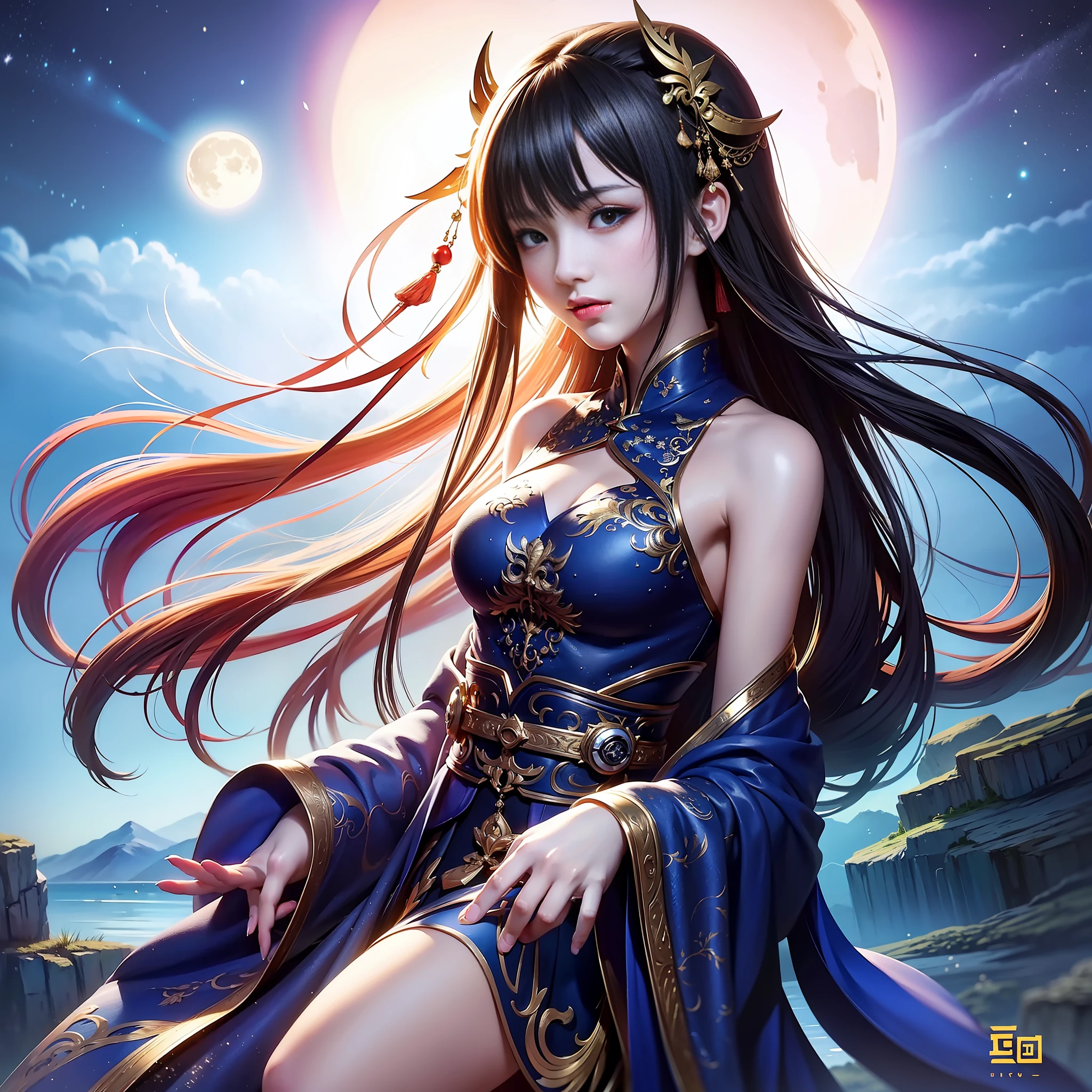 (8k, RAW photo:1.2), best quality, ultra high res,dramatic angle,(fluttered detailed color splashs), (illustration),(((1 girl))),(long hair),(rain:0.9), (头饰:1.4),少女身边有一座古宫,汉服,(重点),彩色水墨画,(泼彩),泼彩,(((colorful))),(素描:0.8) , Masterpiece, best quality, beautiful painted, highly detailed,(denoising:0.6),[splash ink],((ink refraction)), (beautiful detailed sky),moon,highly,detaild,(masterpiece, best quality, extremely detailed） CG unity 8k壁纸，杰作，最好的质量，超详细），（石蒜），