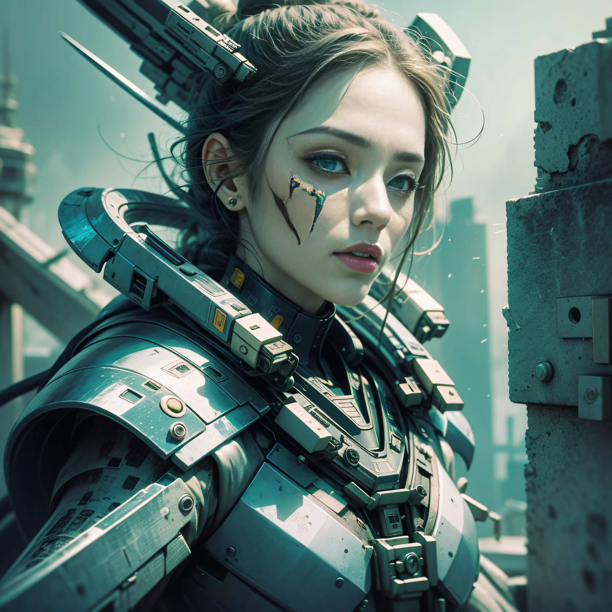 An old Chinese girl, full body, amazing facial features, sharp eyes, cyberpunk, holographic aura, surreal sci-fi art, futuristic sci-fi aesthetics, hanfu (tattered, torn, burnt), mecha, complex design, game model, movie edge light, exquisite light, masterpiece, ultra-detailed, epic composition, ultra hd, high quality, highest quality, 32k --niji 5