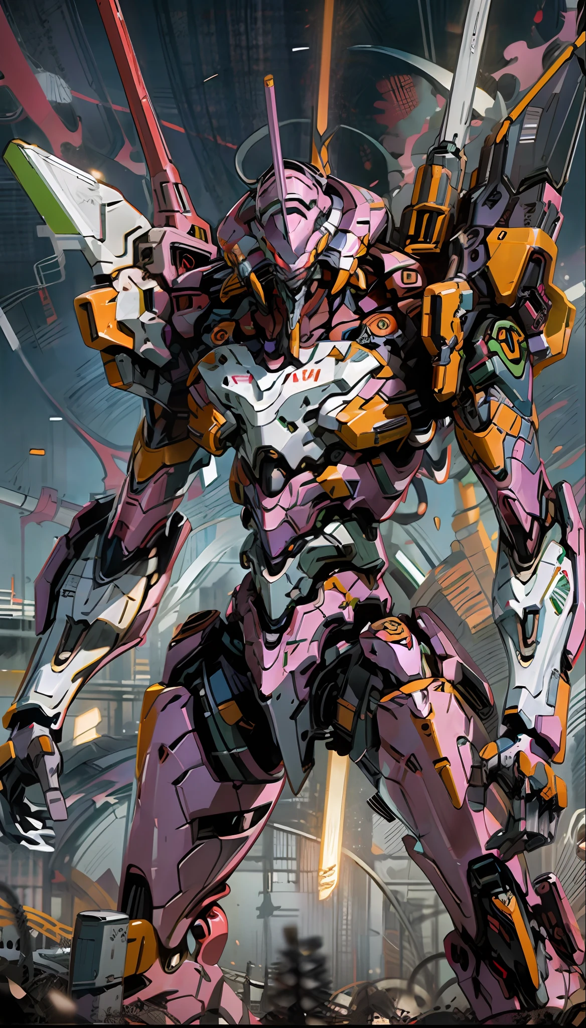 Eva 01, Eva, Evangelion mecha, science fiction, look viewer, (official art, best quality, masterpiece: 1.2), Illustrations, high resolution, beautiful abstract background, futuristic, comic book style, mecha, handheld weapon, lightsaber, depth of field, wide angle,