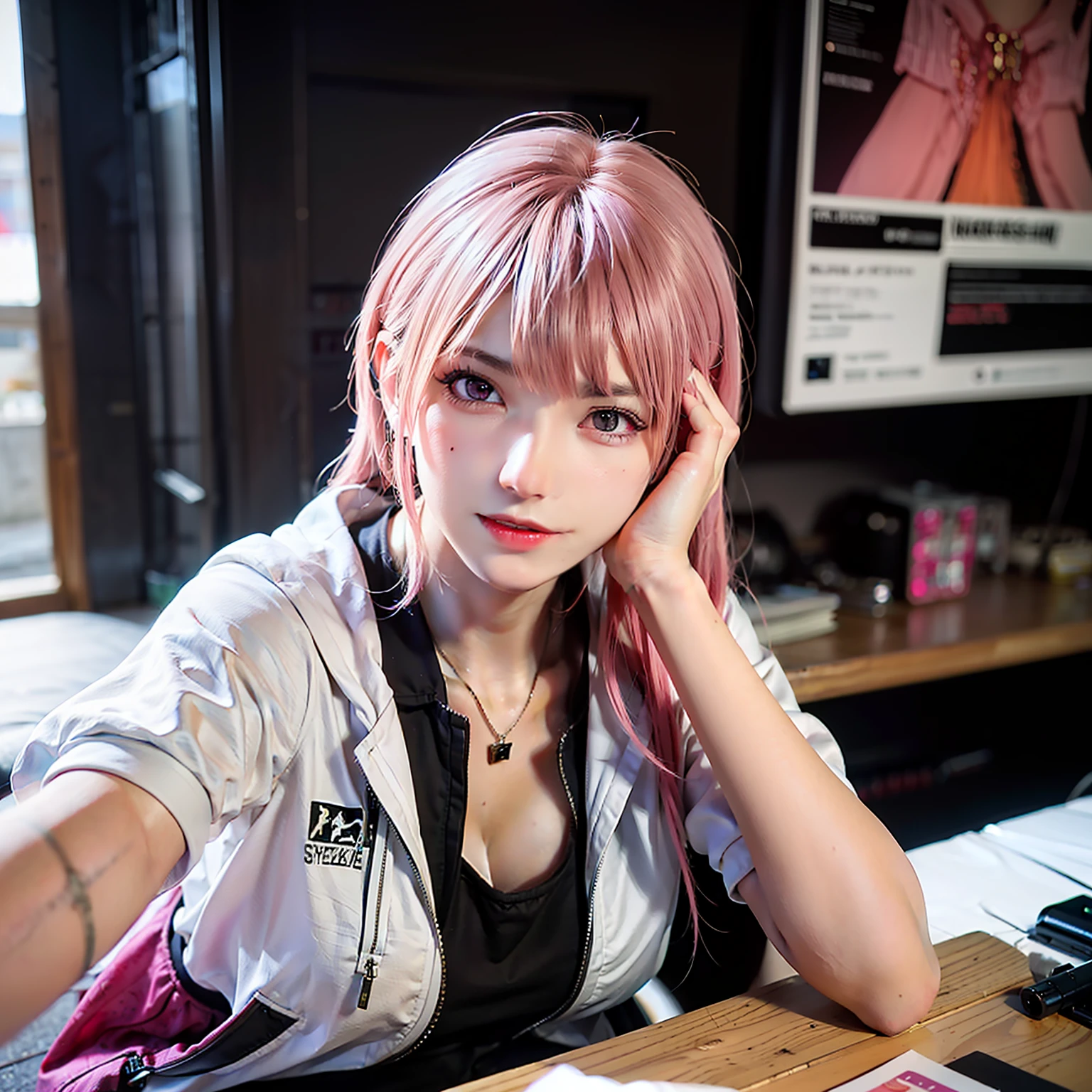 ((masterpiece)), ((best quality)), (((ultra high resolution)), a woman, pink hair, pink eyes, alone, cyberpunk clothes 2077, inside a cyberpunk house, very detailed background, detailed skin, detailed face, gorgeous, messy, dynamic poses, hacker, hologram, futuristic clothes
