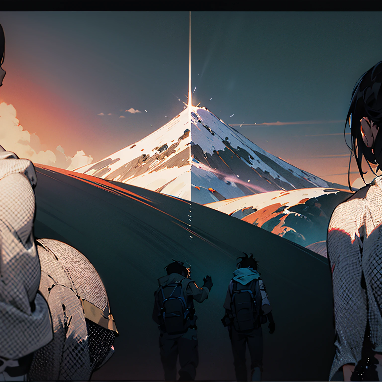 Manga with two people standing side by side, Moe Bius and Erhei Tatsu, black and white manga panel, manga panel, Moe Bius and Makoto Shinkai, Katsuhiro Otomo style, Yoji Shinkawa and Jeff Daro, manga panel, black and white manga page, Chubo Garden, as a manga panel with a mountain in the background, black and white illustration with a mountain in the background