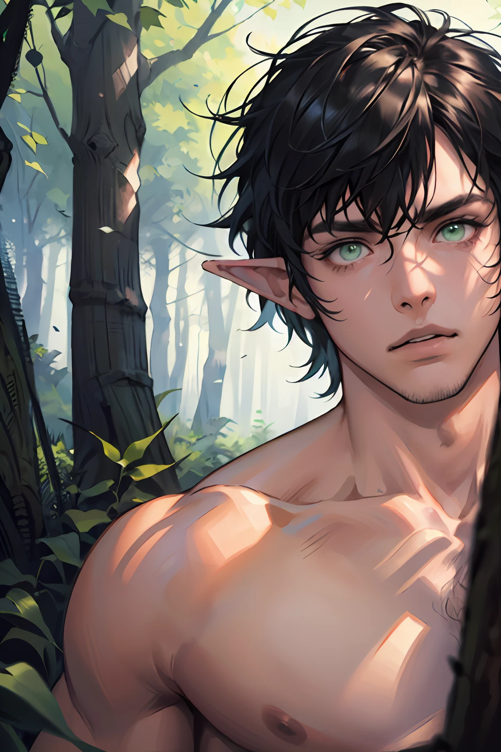 (absurdres, highres, ultra detailed), 1 male, (28 years old male) (short pointed ears) (half-elf) adult, handsome, tall slender guy, narrow eyes, narrow shoulders, finely detailed eyes and detailed face, messy shaggy black hair, shaggy hair, side bangs, bangs, green eyes, sexy twink, shirtless, bare chest, final fantasy 14, slave collar, full body shot, lazy pose expression, cinematic, forest bokeh, background blur