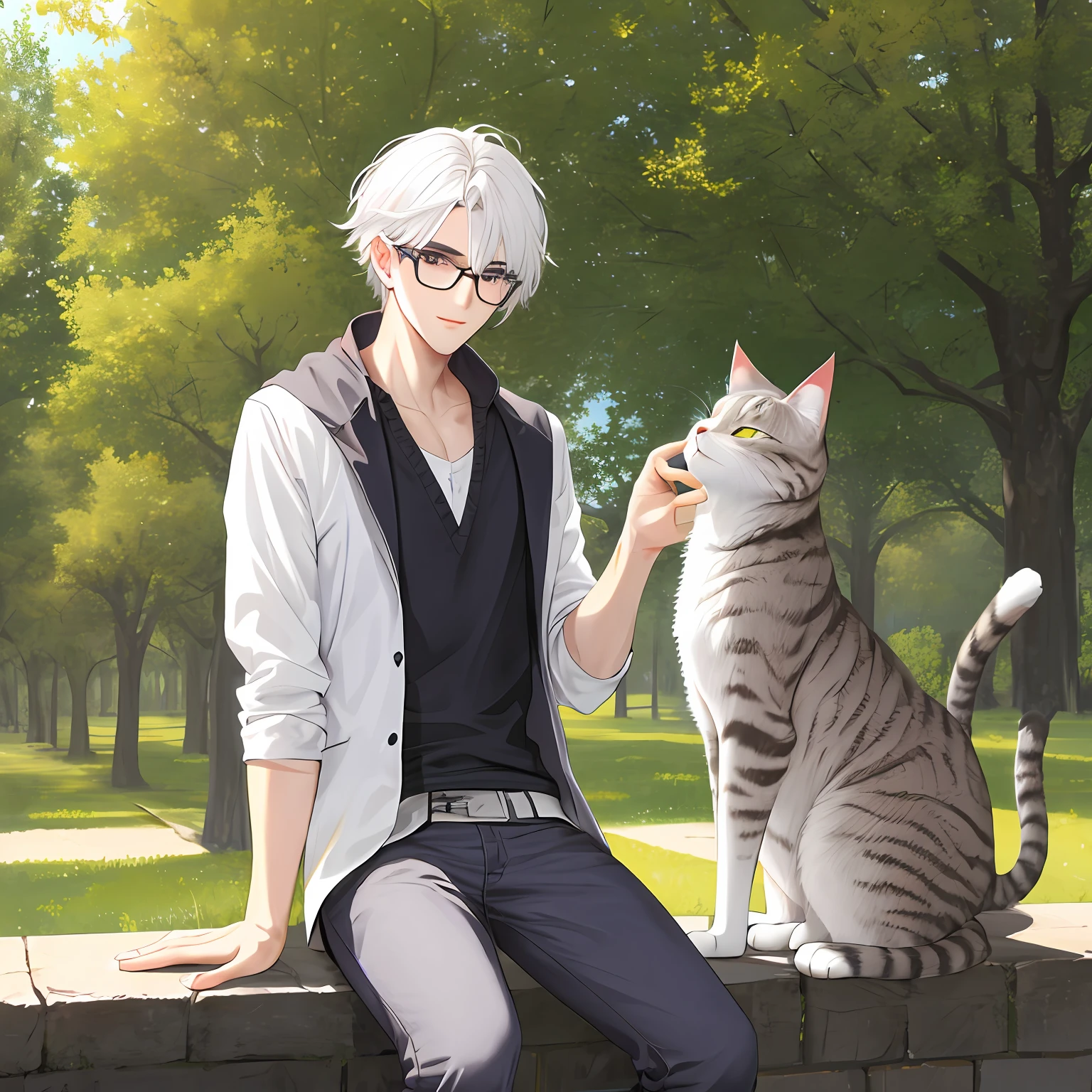 Cat, white-haired beautiful boy, red glasses