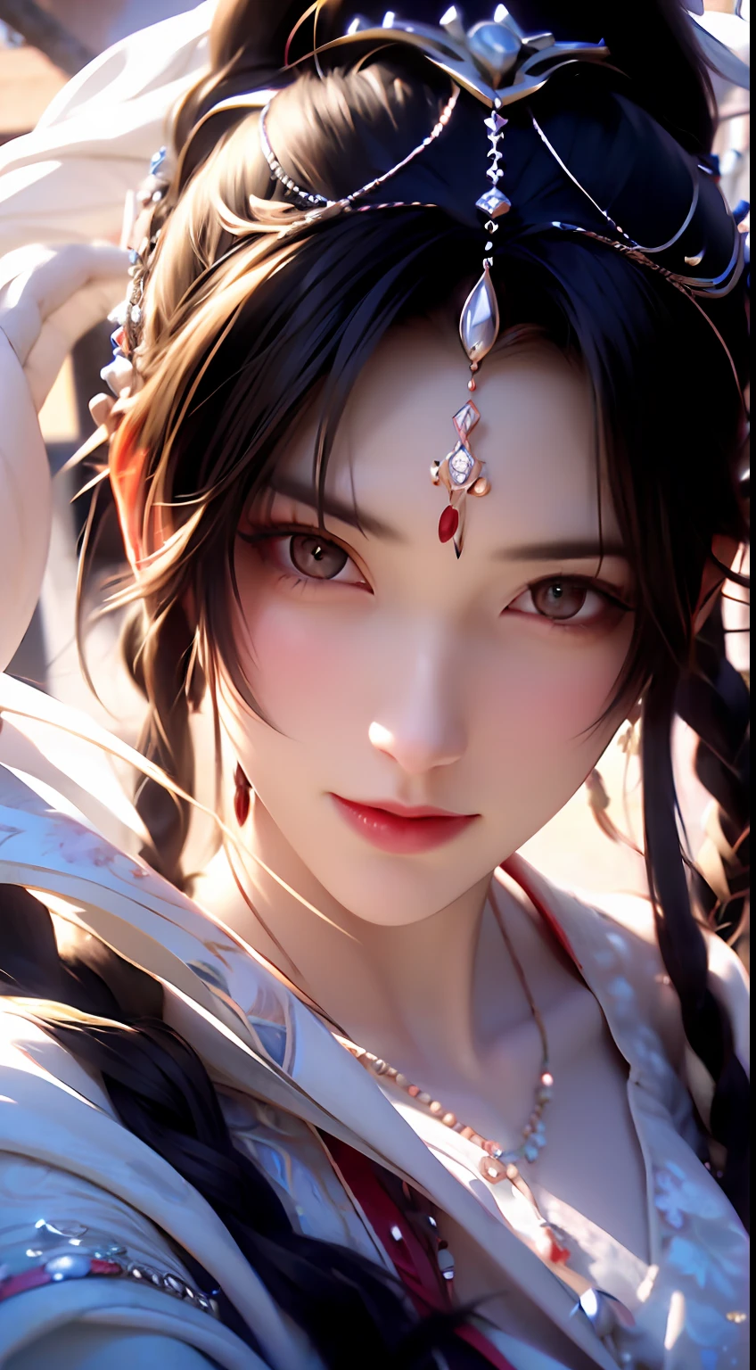 (Best Quality), (Masterpiece), (Reality), a close-up of a girl's upper body, 1 girl, black hair, long hair, white veil, branch shaped lightning, detailed eyes, beautiful facial features, surrounded by flames, game CG, super detailed